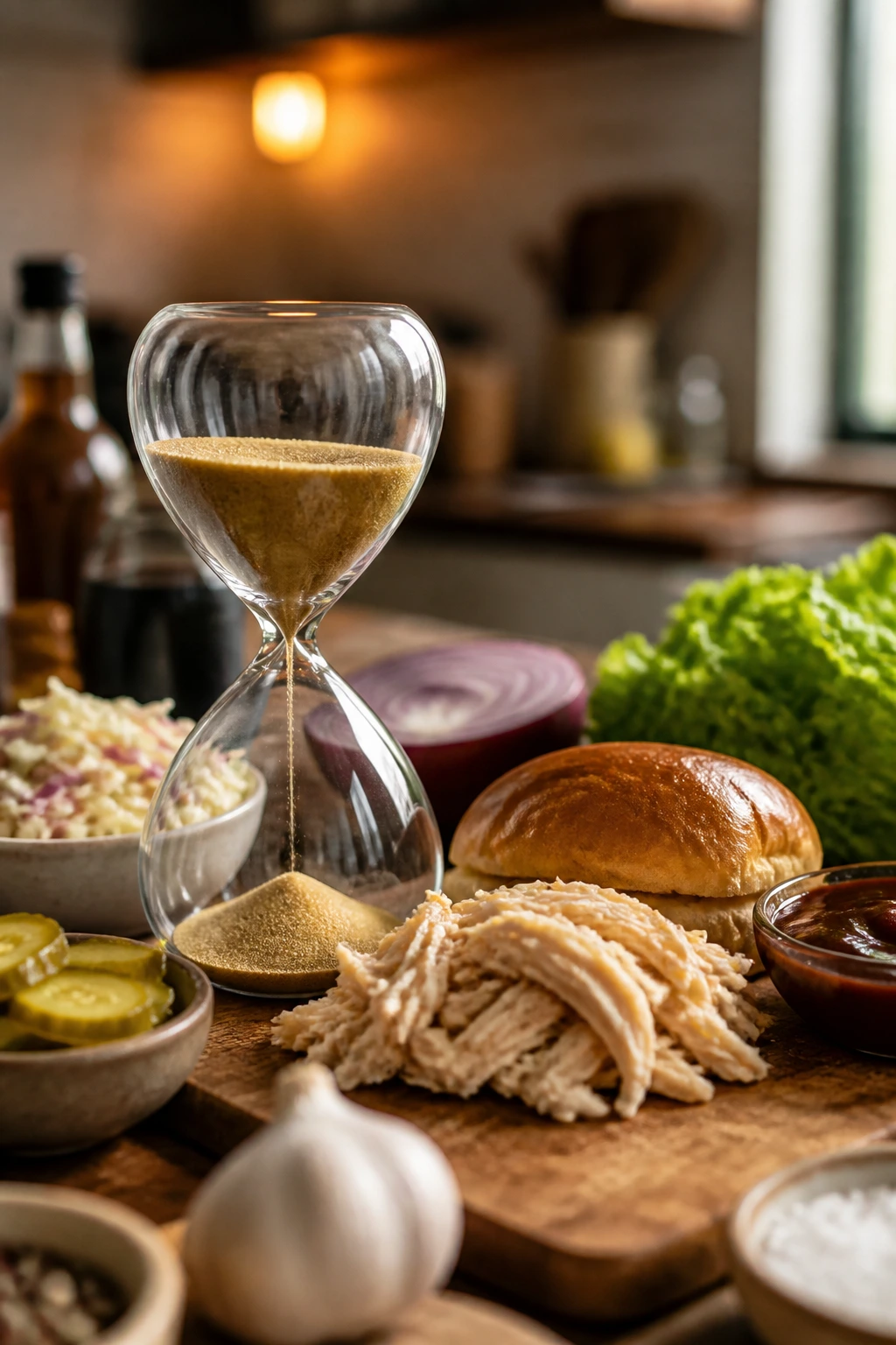 Hourglass with fresh ingredients on a kitchen counter, implying time and shopping list