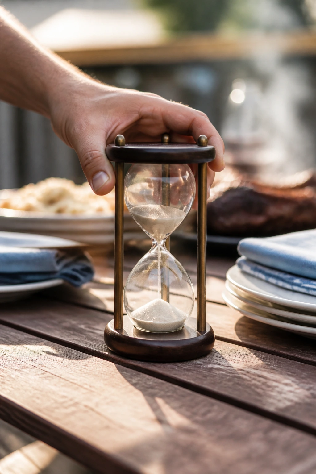 Close-up of an hourglass on a wooden patio table in a backyard