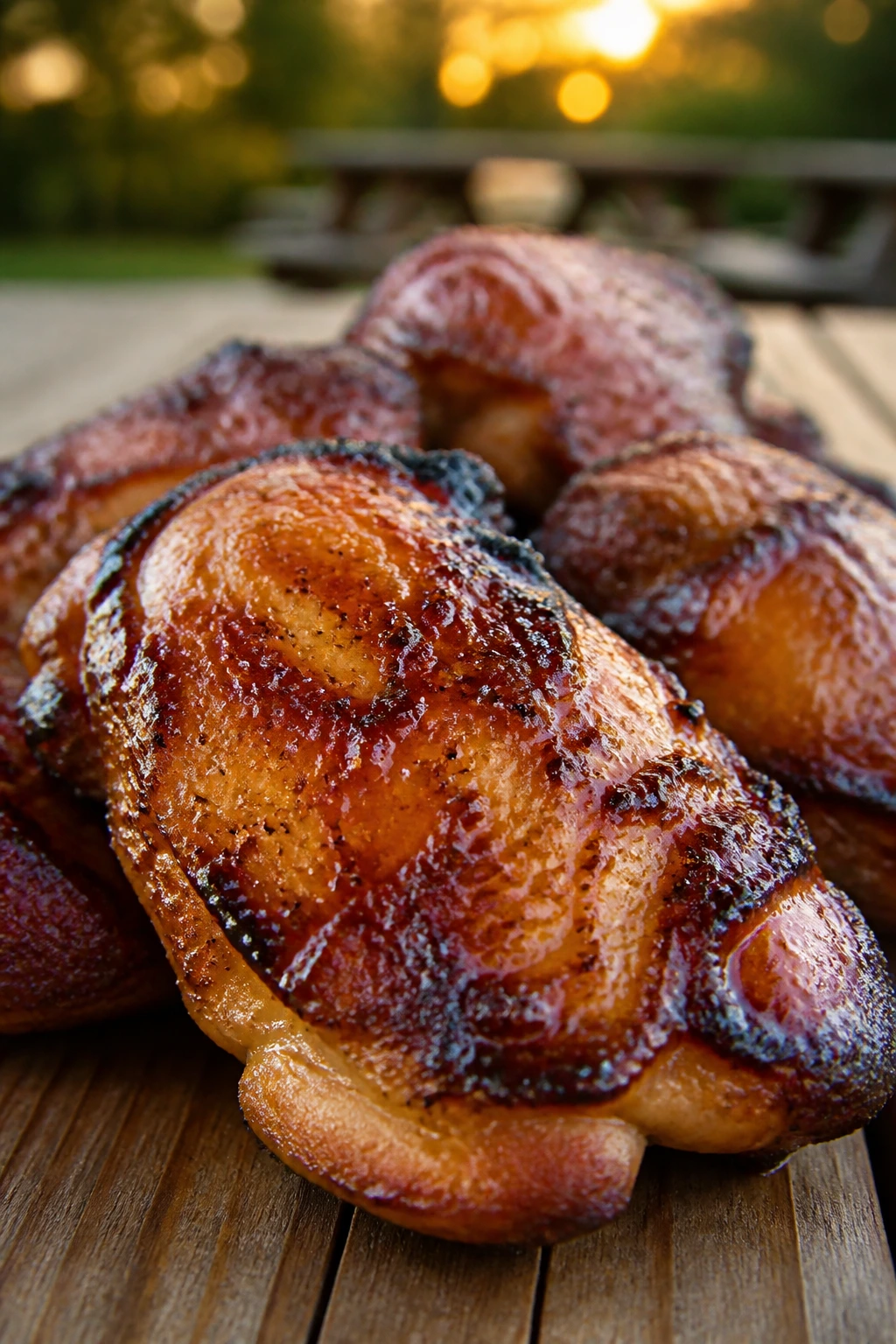Close-up of glossy Huli Huli chicken thighs on a picnic table