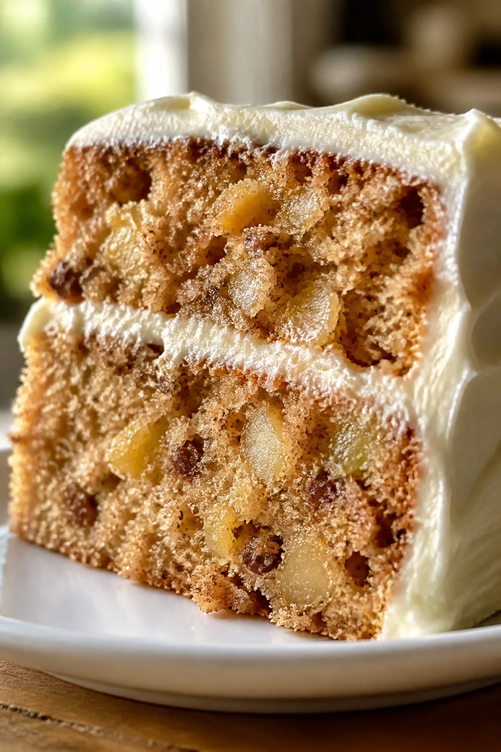 Close-up of a moist Hummingbird Cake slice with cream cheese frosting on a plate in a cozy kitchen