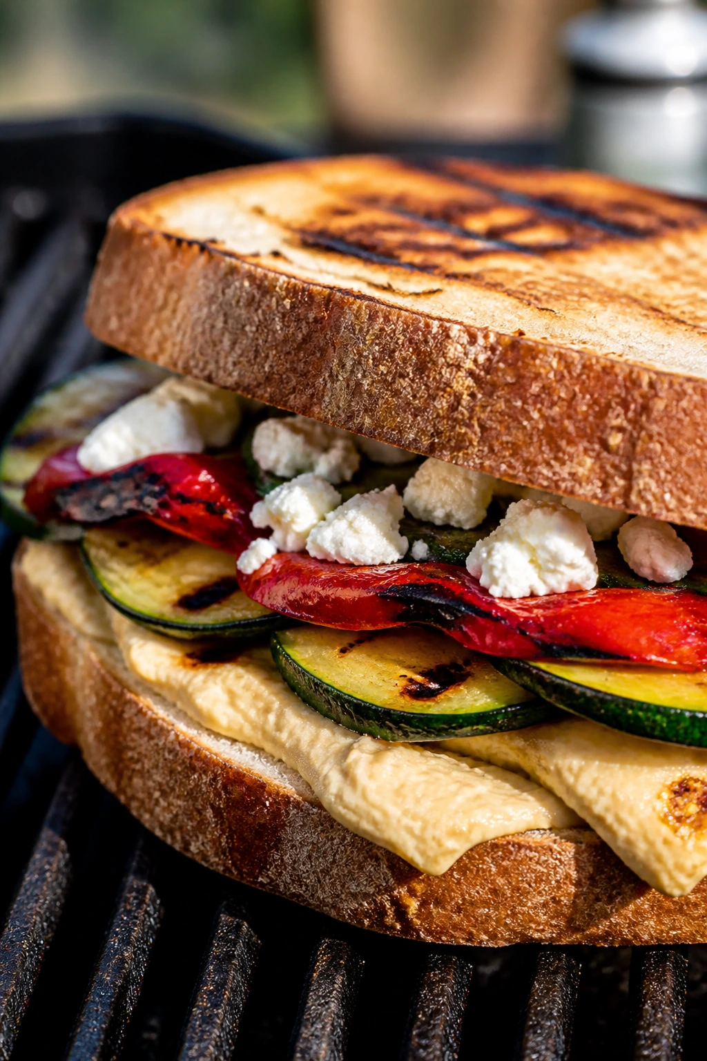 Close-up of Charred Veggie Hummus Sandwich on ciabatta with grilled vegetables