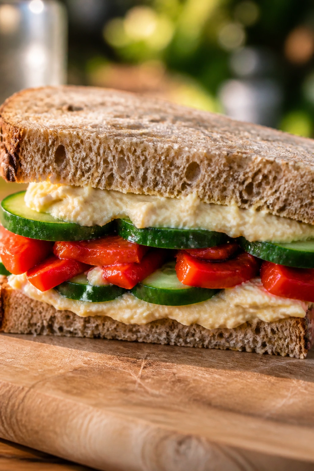 Cross-section of Hummus Cucumber Roasted Pepper Sandwich on sturdy bread