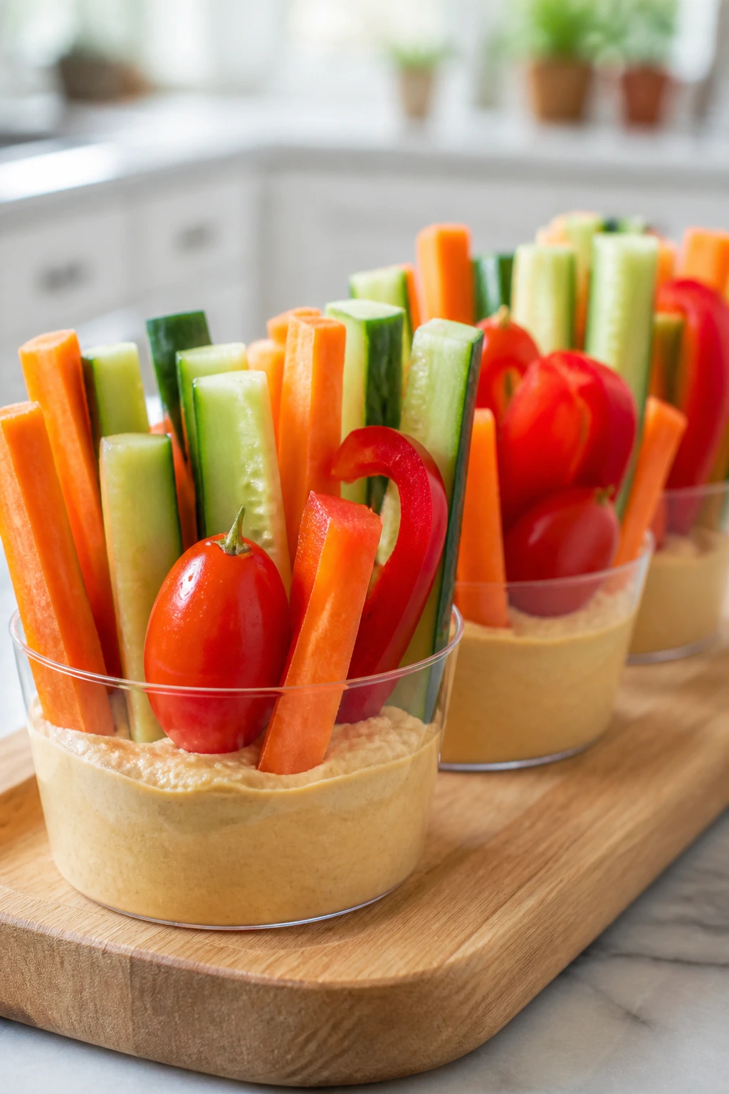 Row of Veggie Hummus Cups with colorful vegetables in hummus on a tray