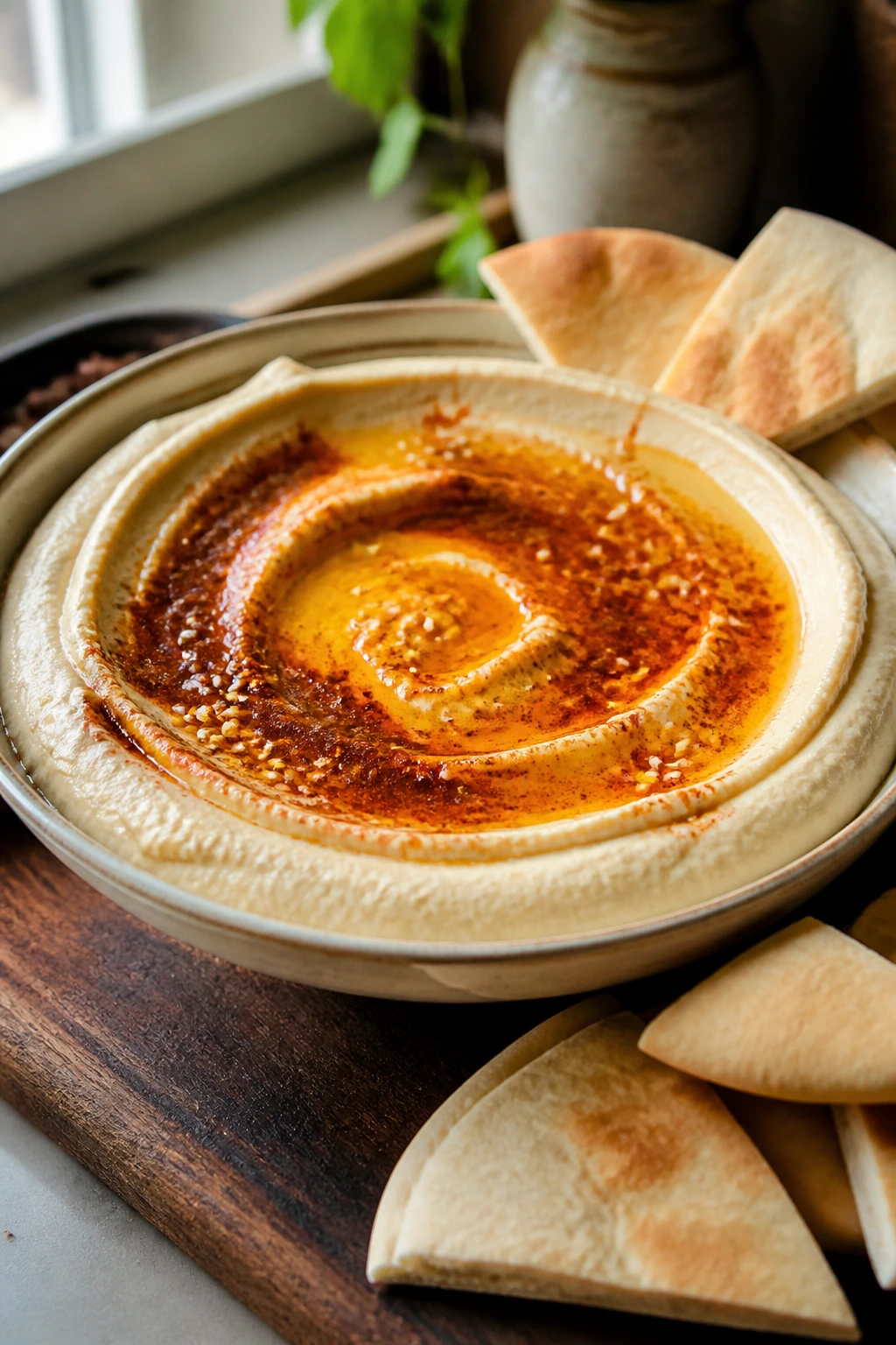 Creamy hummus with paprika oil on a wooden board