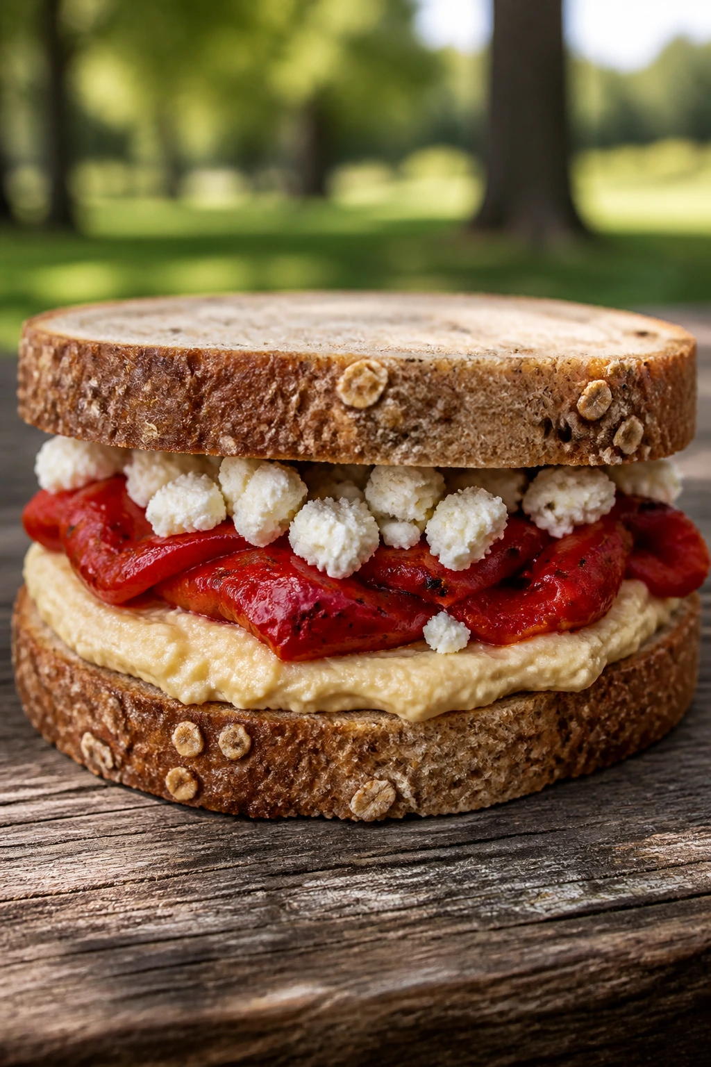 Close-up ofHummus Roasted Pepper Feta Sandwich on whole grain bread at a picnic
