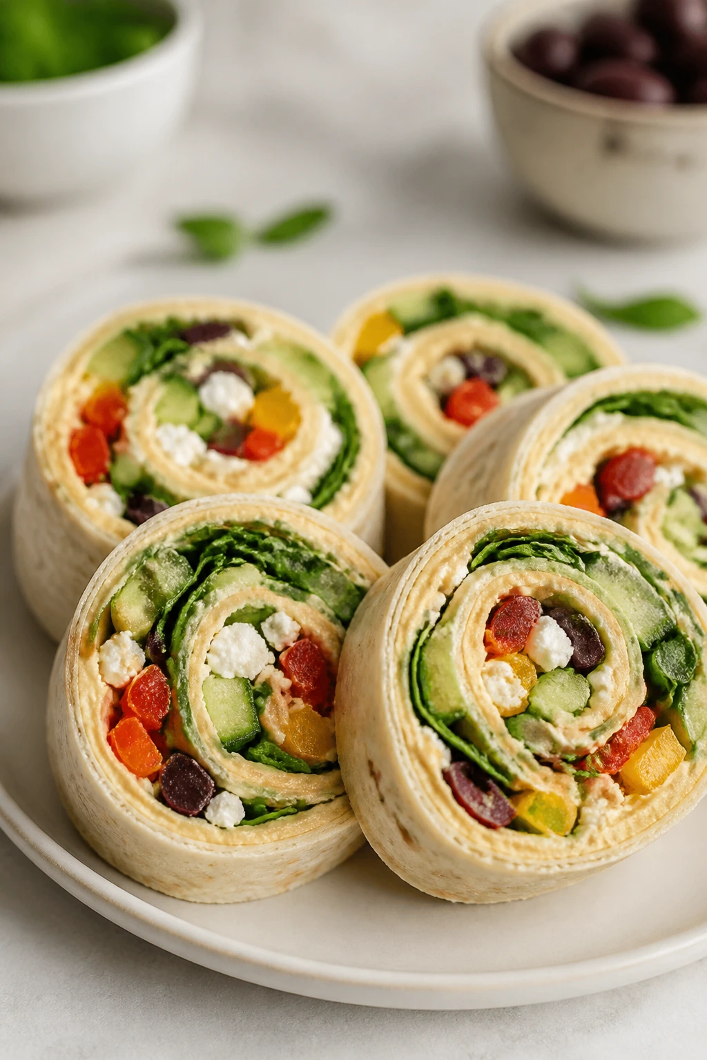 Close-up of hummus pinwheels sliced on a plate