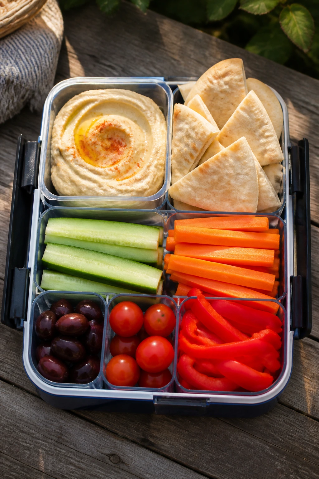 Top-down view of a hummus veggie pita boxes lunch with compartments.