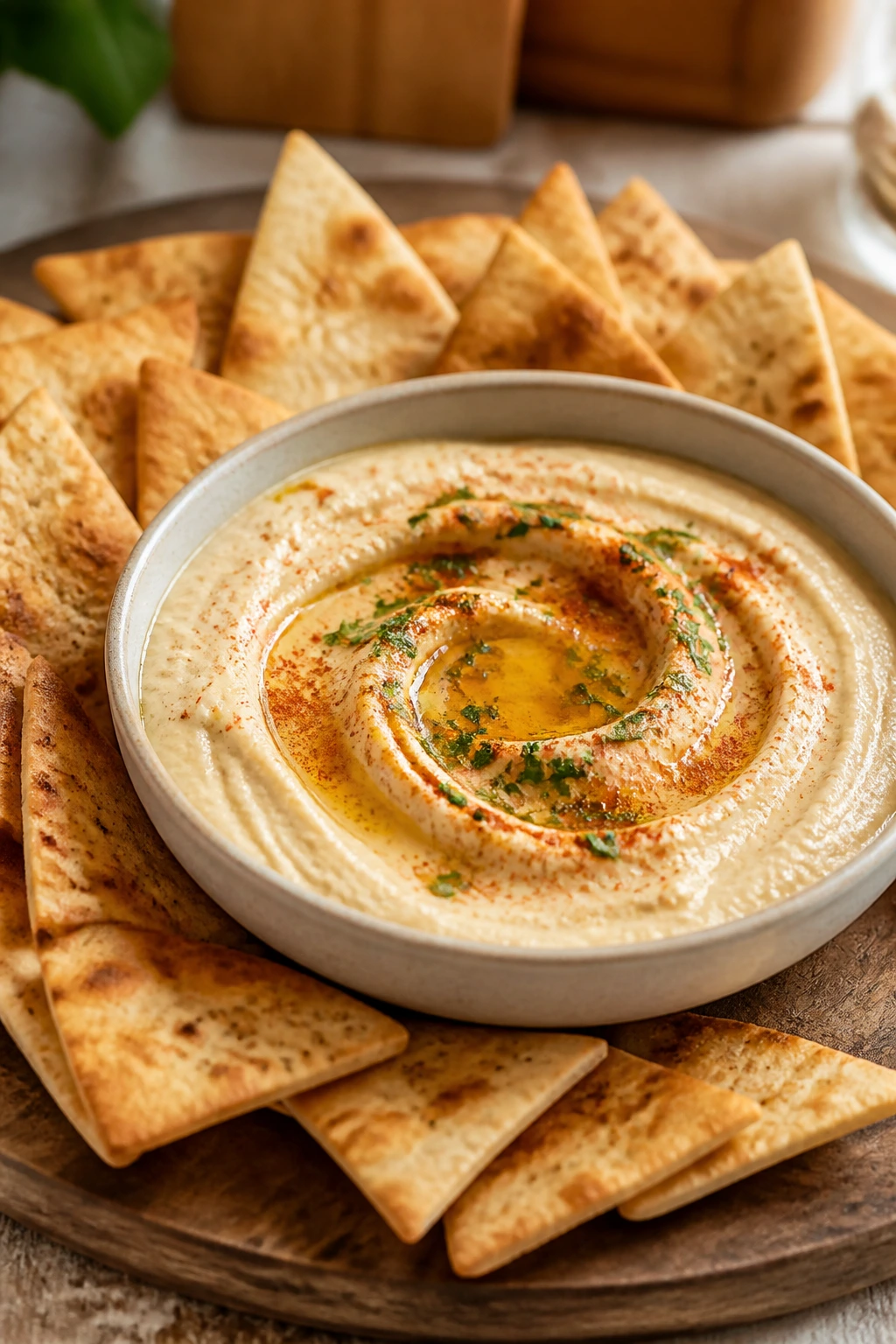 Homemade hummus with pita chips on a wooden board