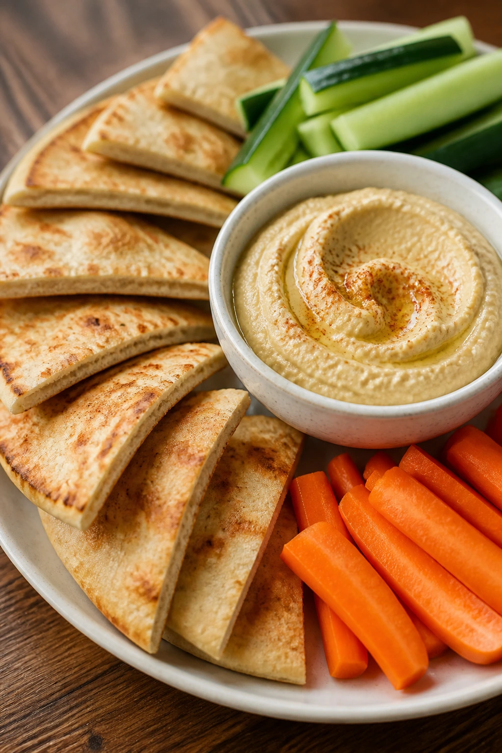 Plate of warm pita dippers with hummus and fresh vegetables for dipping