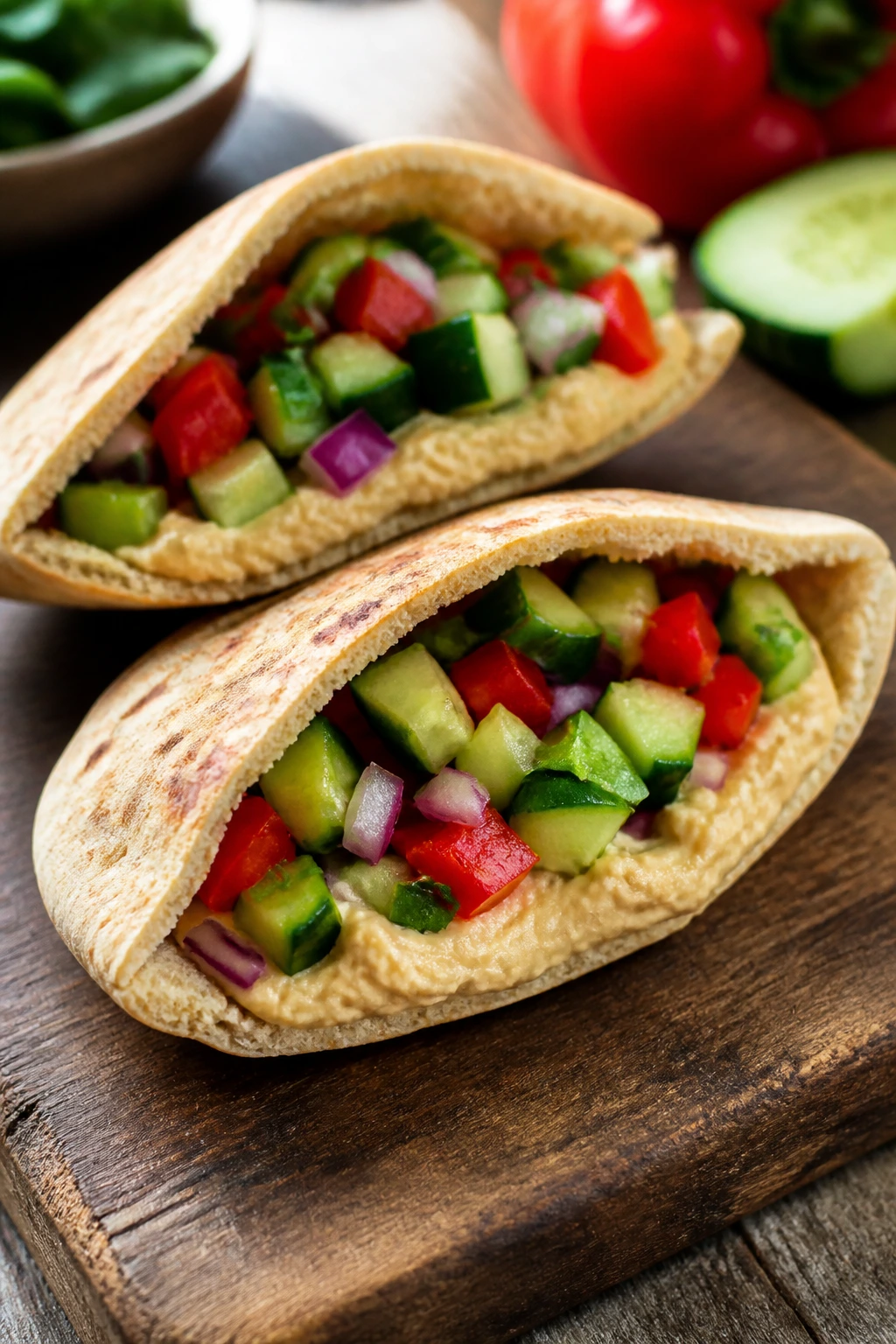 Open pita pockets filled with hummus and veggies