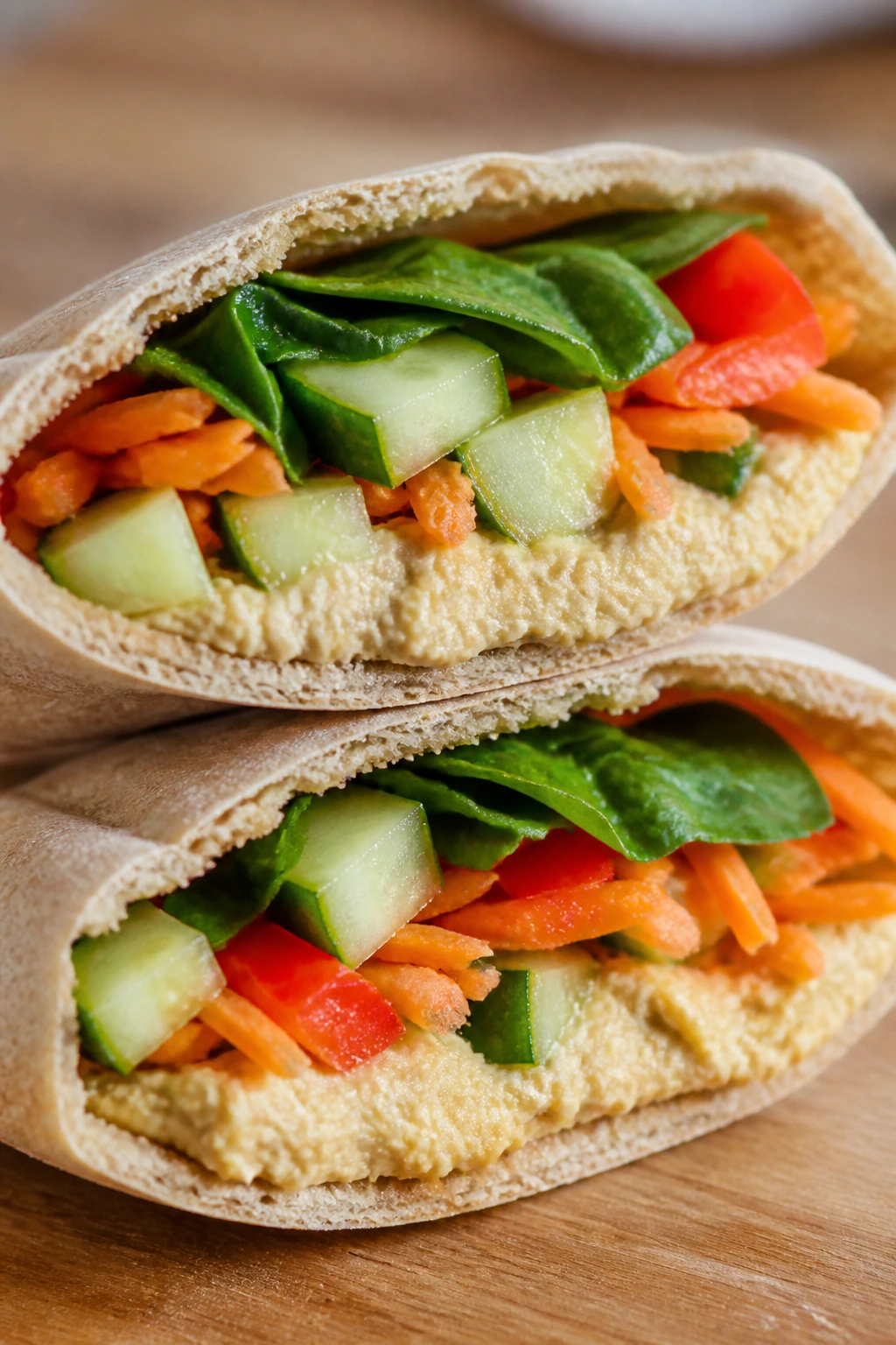 Cross-section of pita pocket filled with hummus and veggies