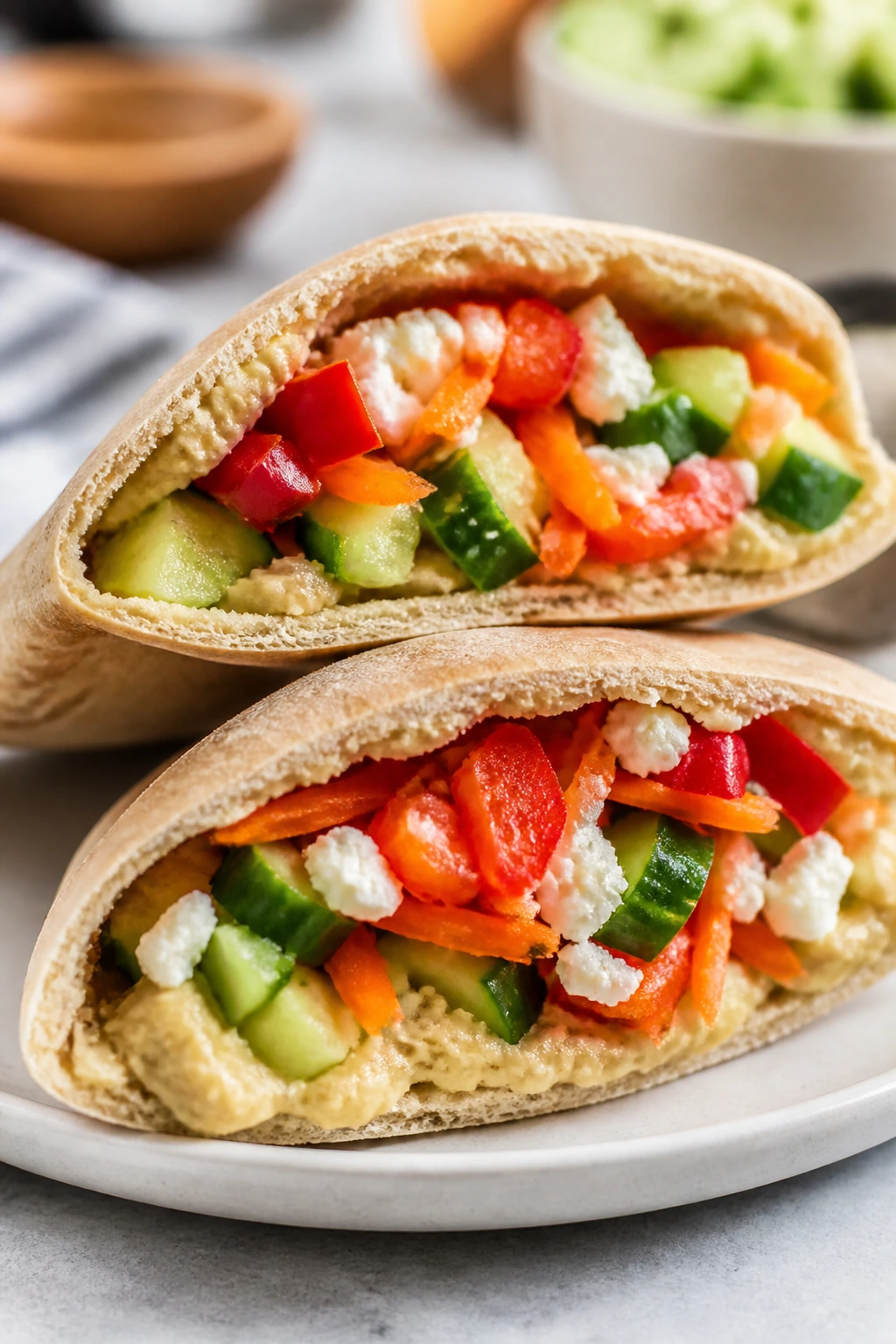 Pita pockets opened to show hummus and colorful vegetables
