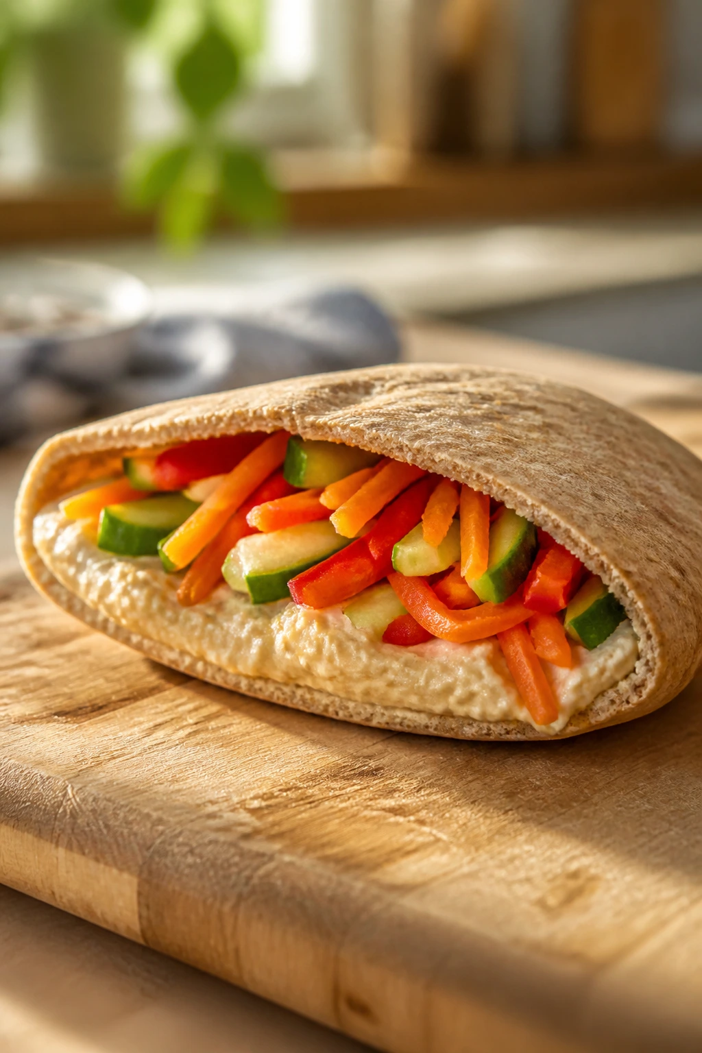 Pita pocket half filled with hummus and veggies