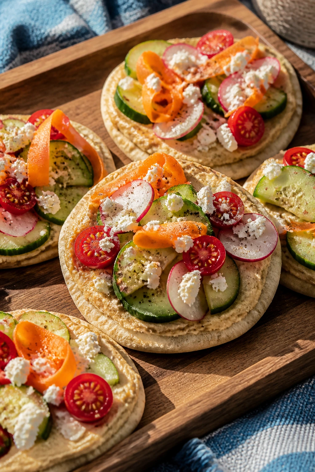 Close-up of hummus veggie pita rounds on a wooden tray