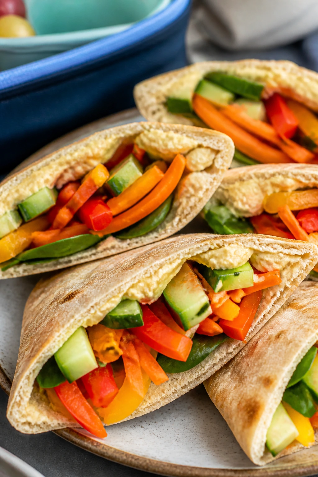 Close-up of rainbow veggie pita triangles with hummus