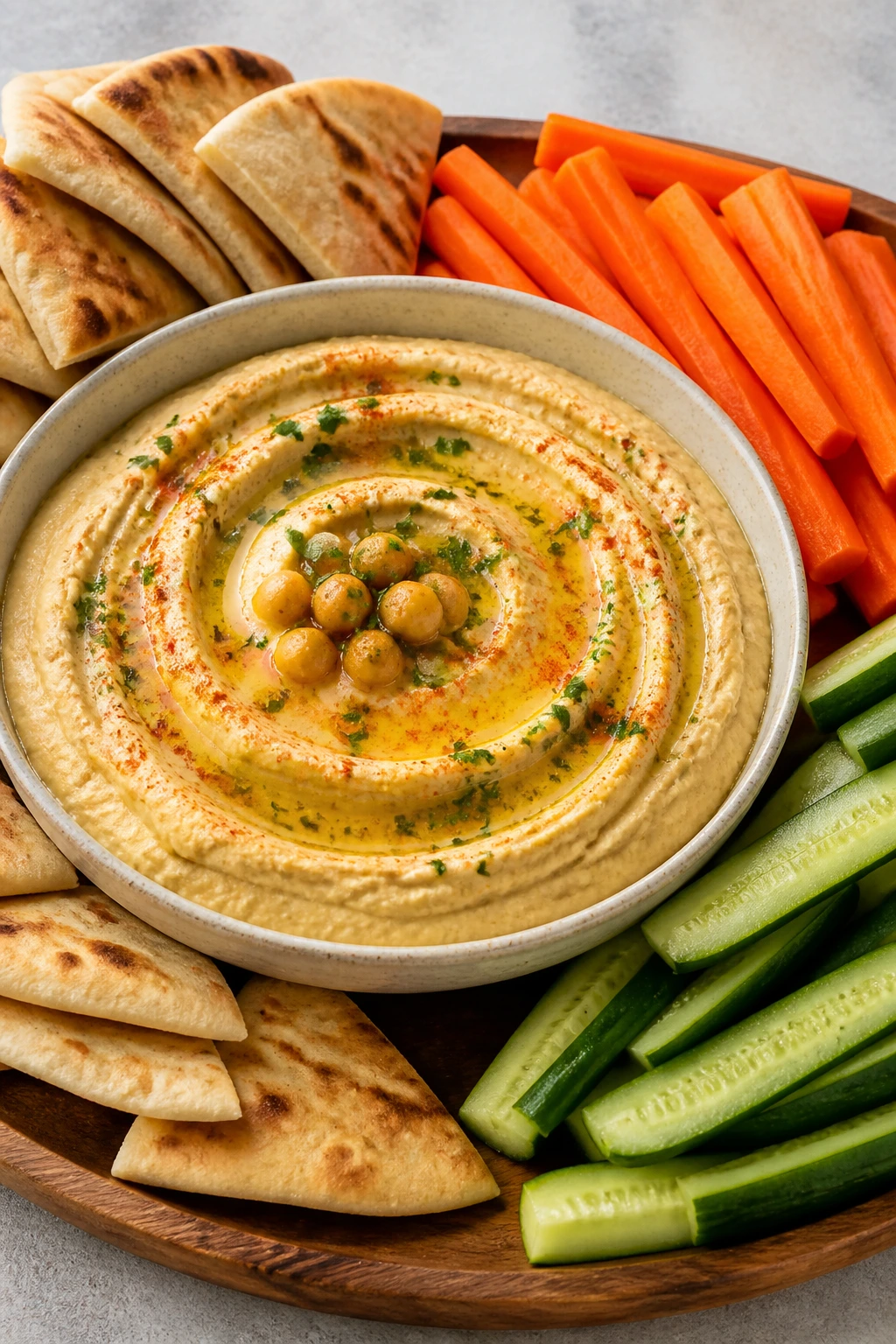 Hummus with pita bread and fresh vegetables on a platter