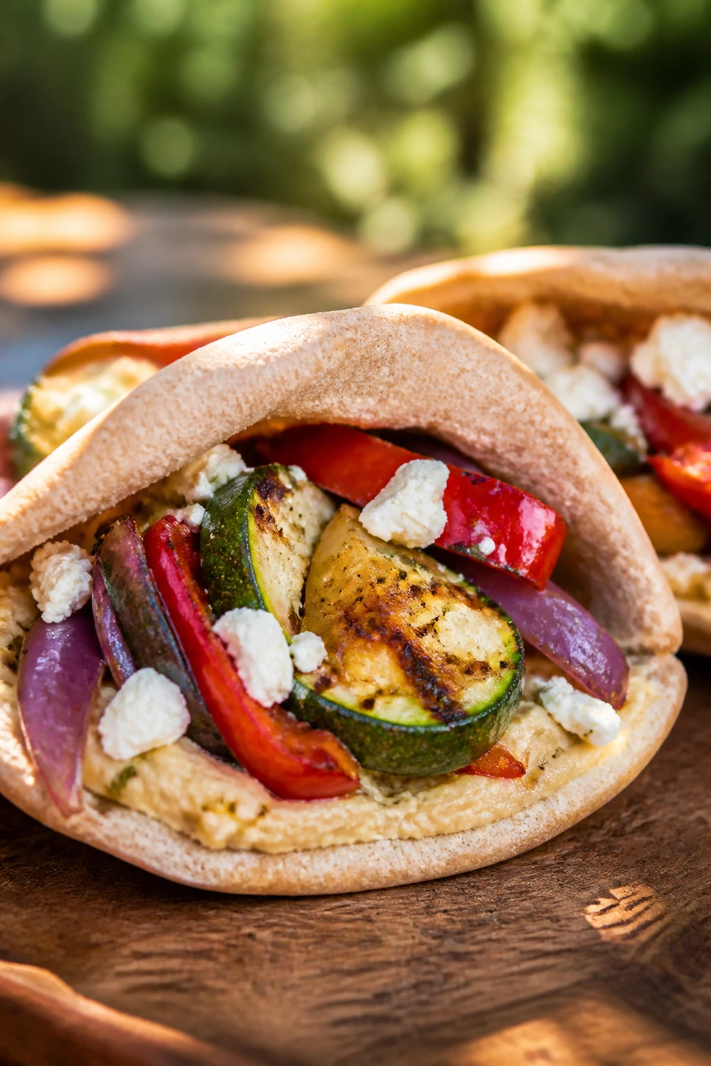 Close-up pita stuffed with hummus, roasted vegetables, and feta.