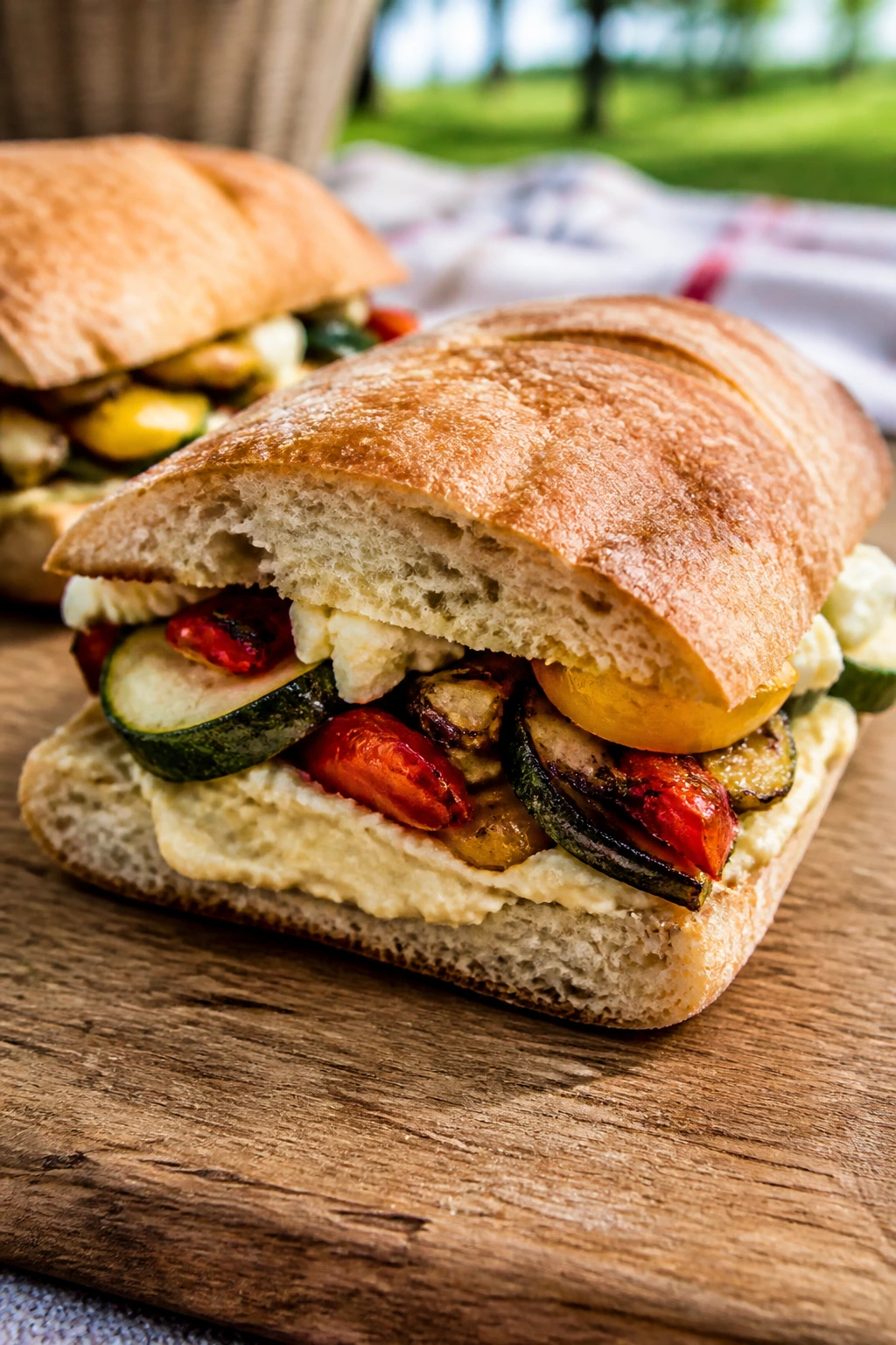 Close-up of a hummus and roasted vegetable sandwich with zucchini and peppers
