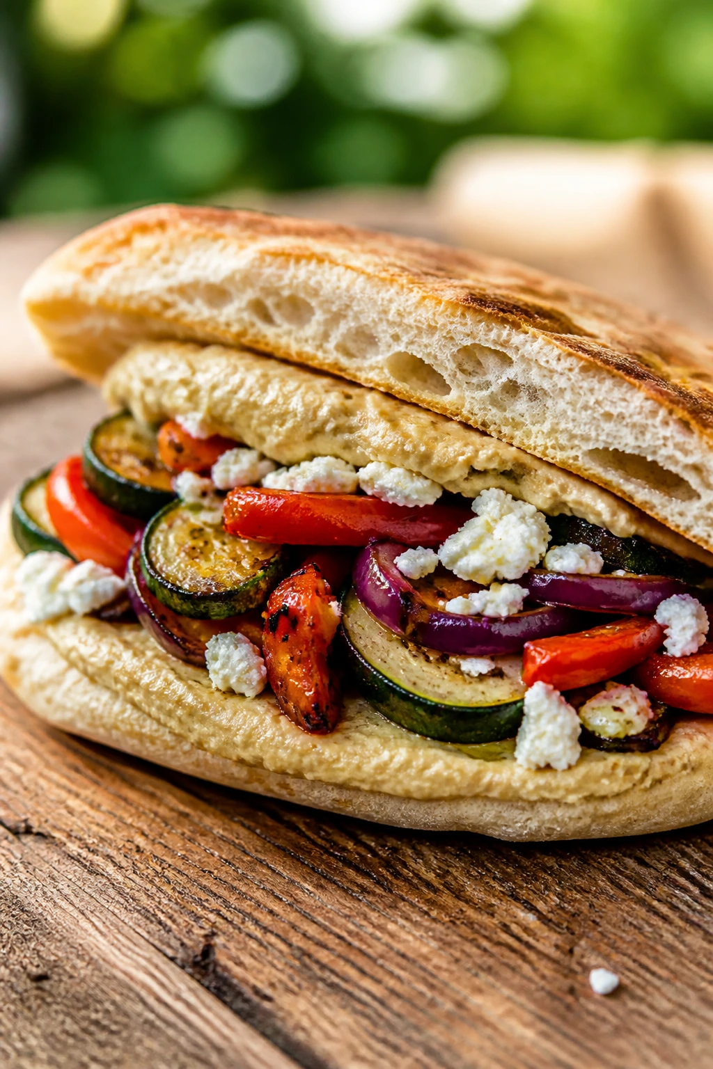 Half sandwich with hummus and roasted vegetables on pita/flatbread.