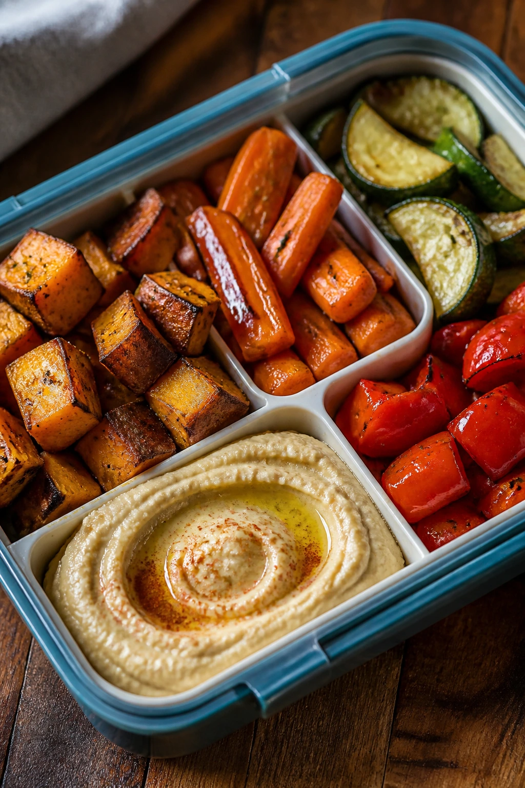 Bento box with roasted veggies and hummus
