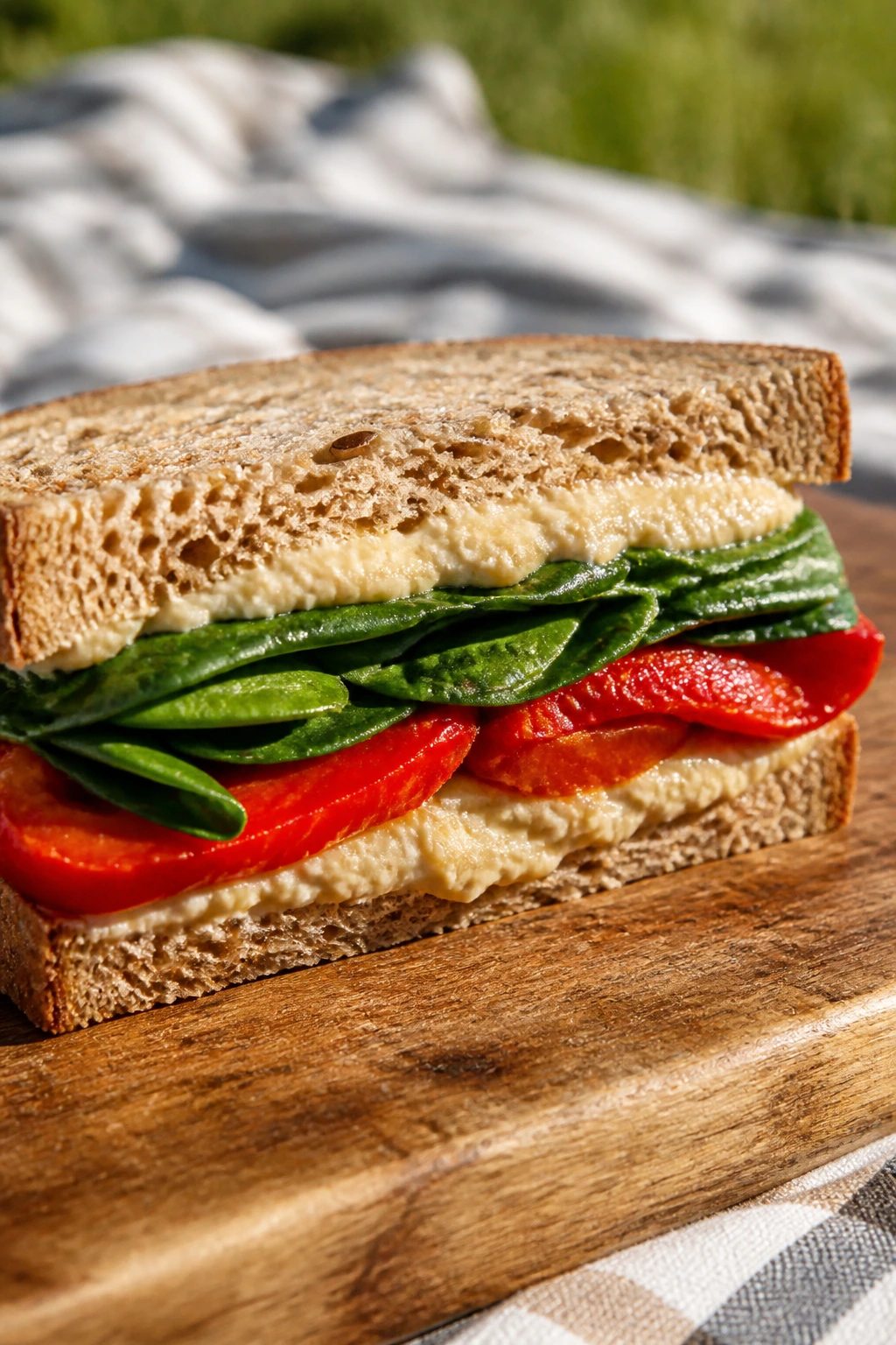 Close-up of hummus roasted pepper spinach sandwich half on wooden board outdoors