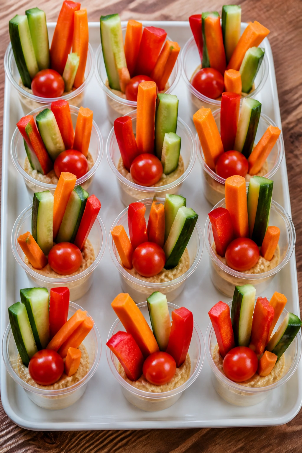 Tray of clear cups with hummus and veggie sticks on a wooden table