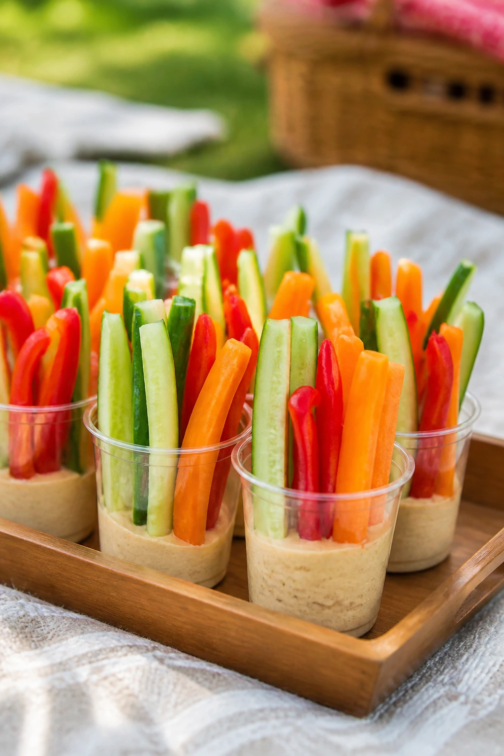 Row of hummus veggie cups on a picnic tray outdoors.
