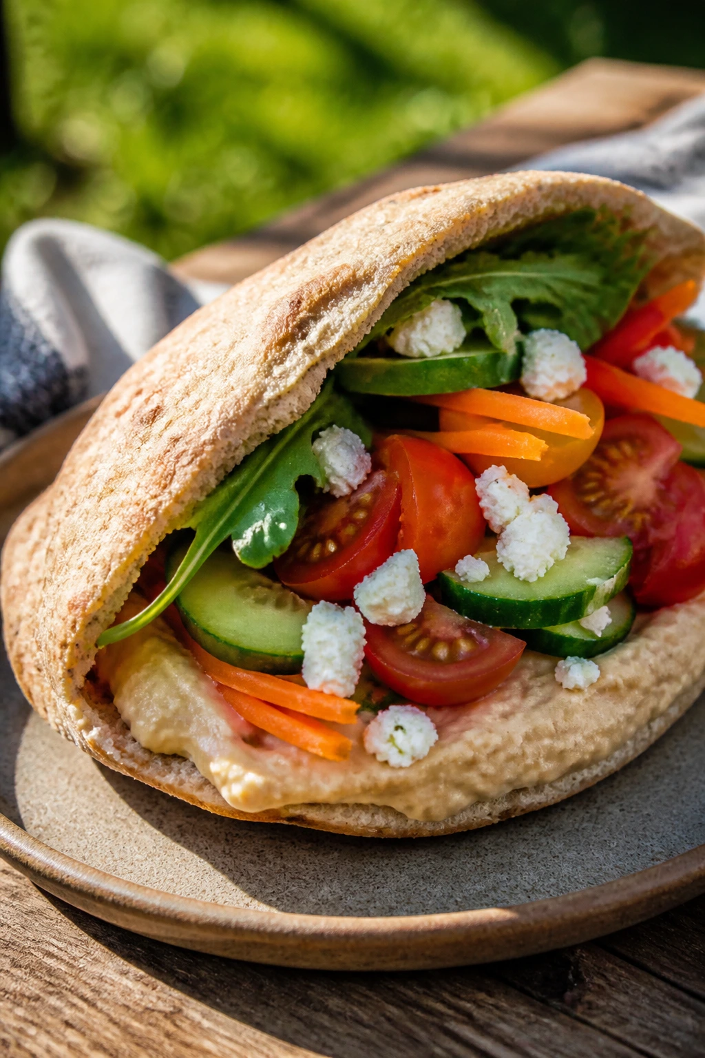 Split pita with hummus and crisp veggies on a picnic table
