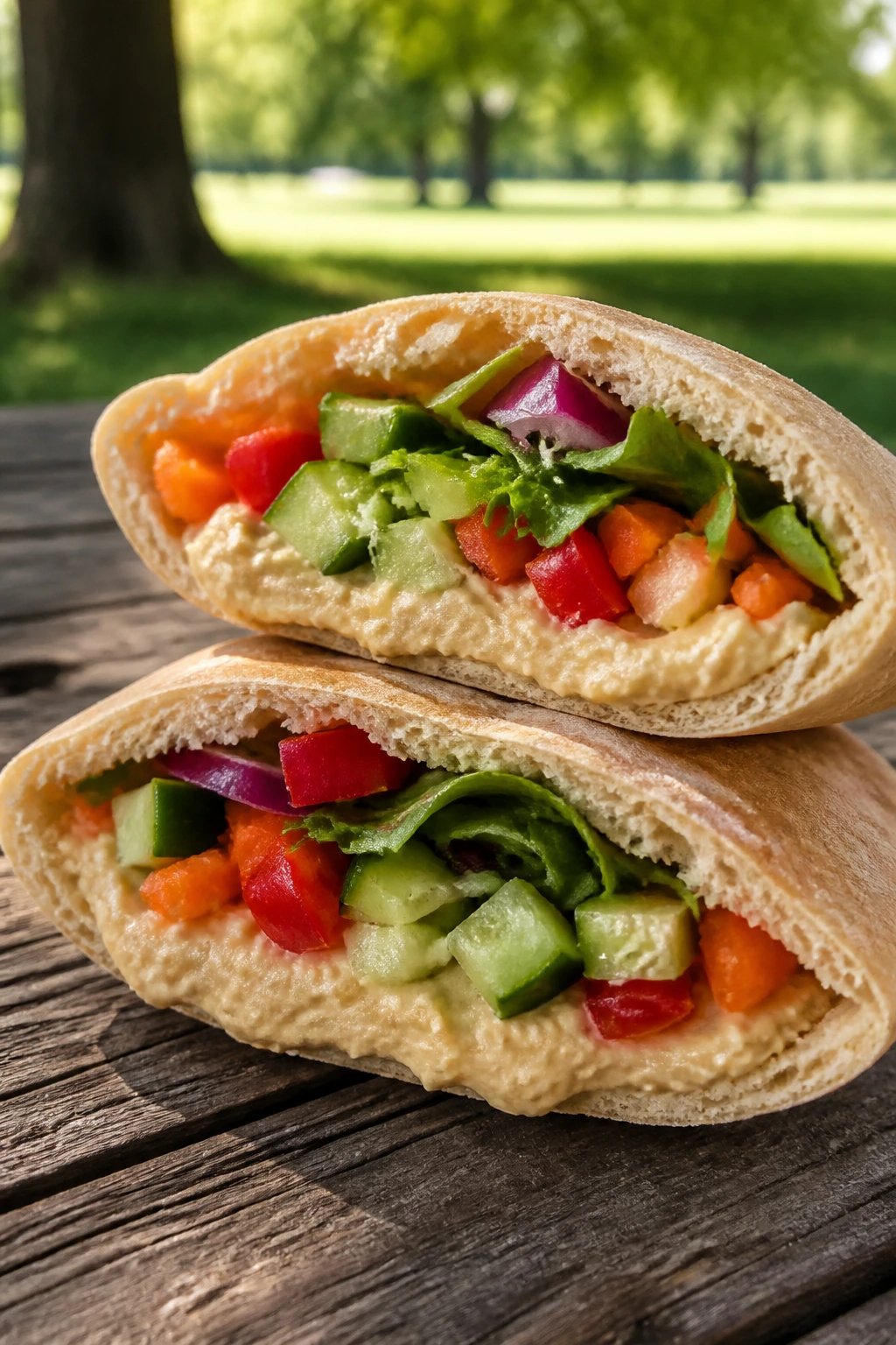 Close-up of hummus veggie pita pocket opened outdoors