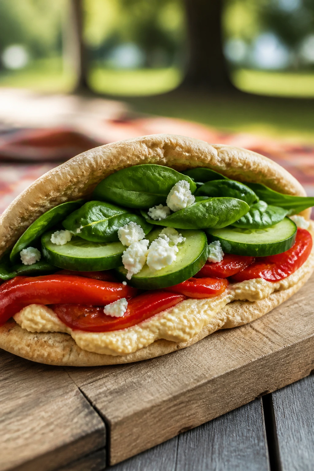 Close-up of Hummus Veggie Sandwich with Roasted Peppers in pita outdoors