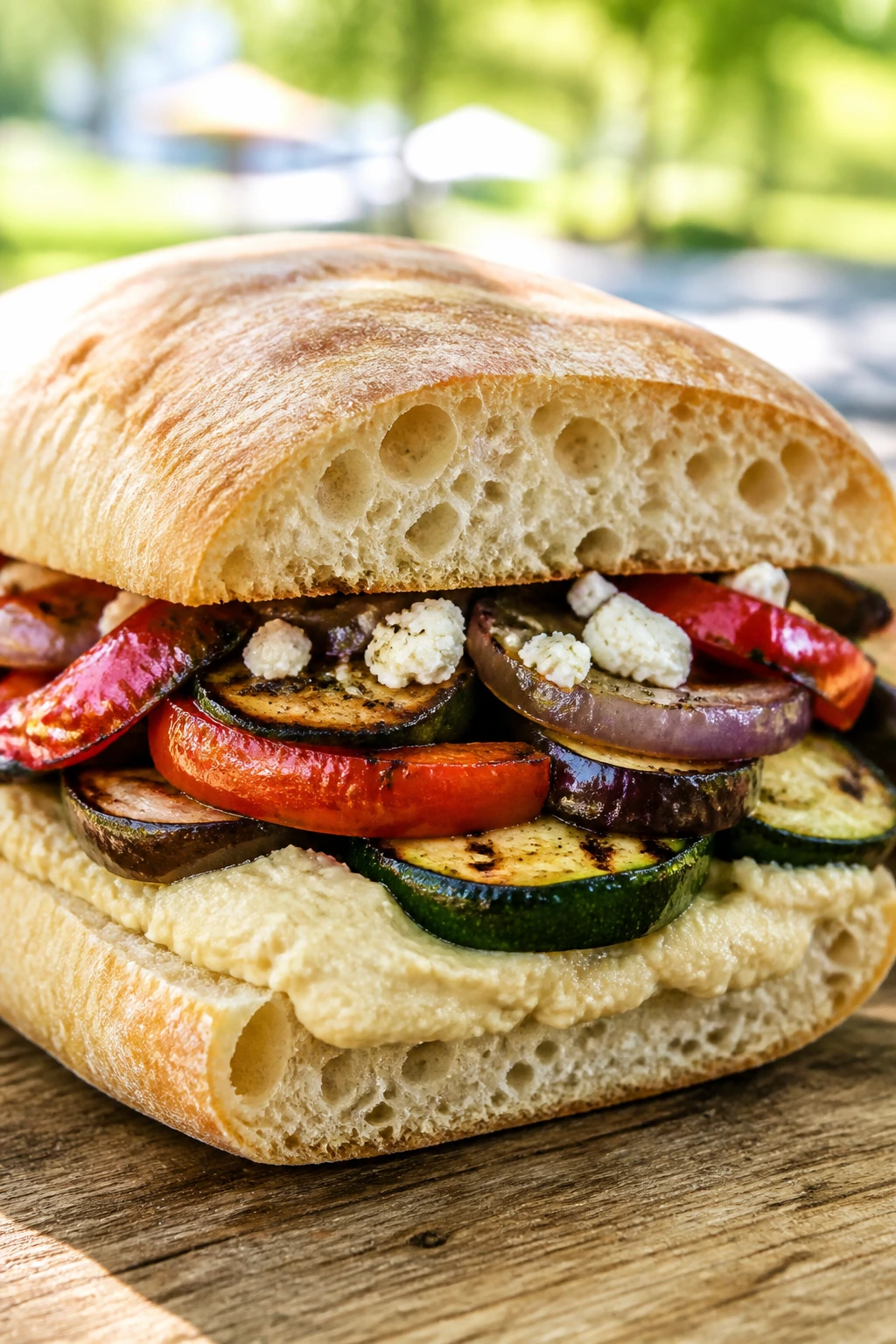 Close-up of hummus and grilled veggie sandwich with charred vegetables on ciabatta