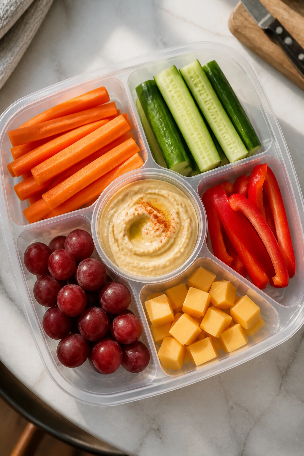 Open snack box with hummus and fresh veggies