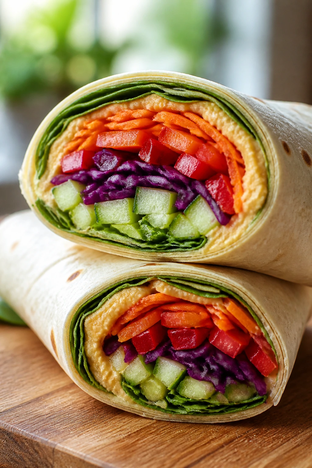 Cut-open veggie wrap filled with hummus and colorful vegetables