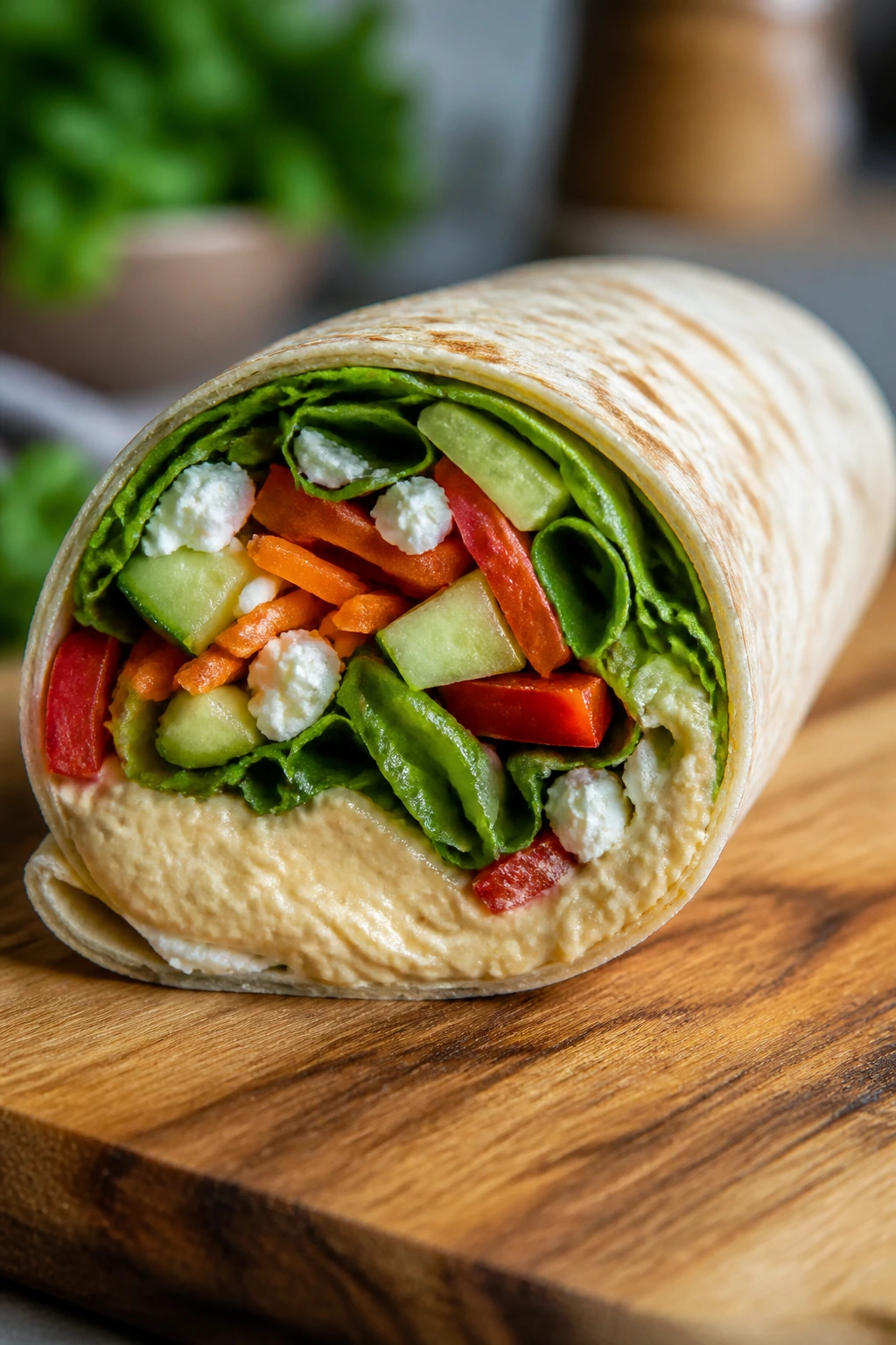 Close-up of hummus veggie wrap cut to reveal filling.