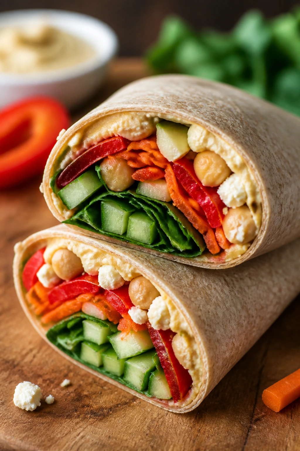 Cut-open hummus veggie wrap on a wooden board