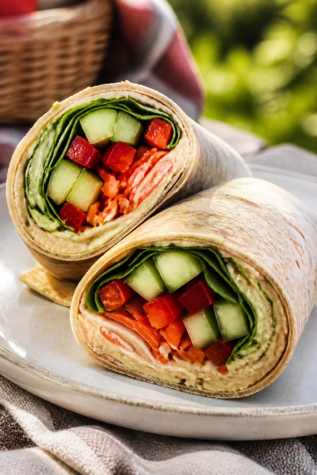 Hummus veggie wraps cut to show filling close-up