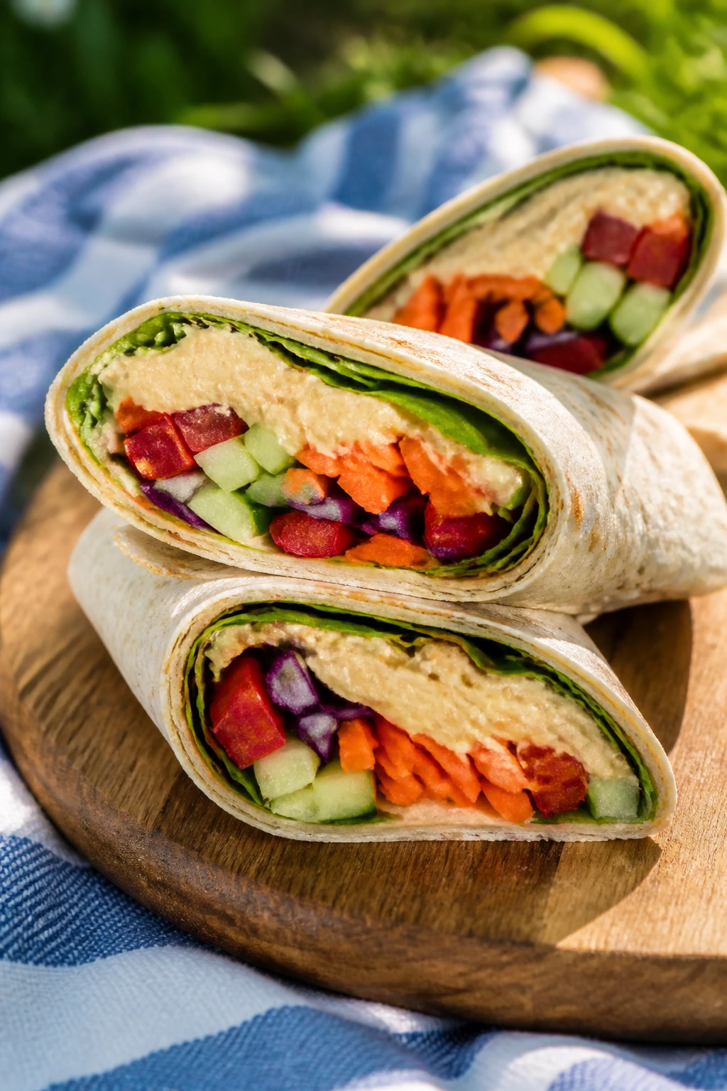 Close-up of hummus veggie wraps sliced to reveal filling on a picnic board.