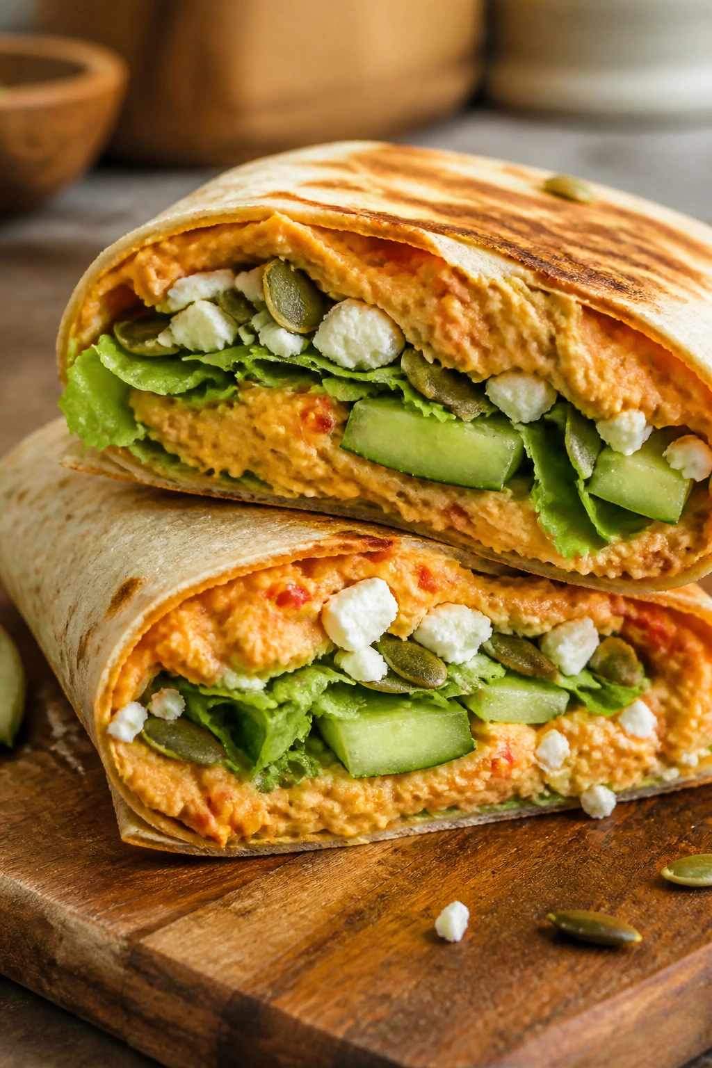 Close-up of roasted red pepper hummus crunch wrap cross-section with feta, cucumber, romaine and pumpkin seeds on a wooden board