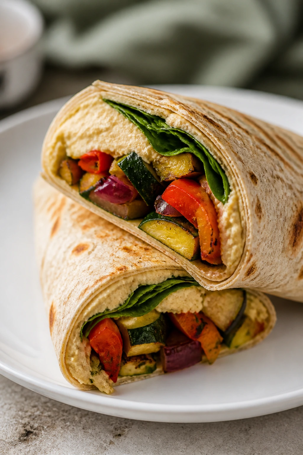 Close-up of a roasted veggie hummus wrap cut diagonally on a plate