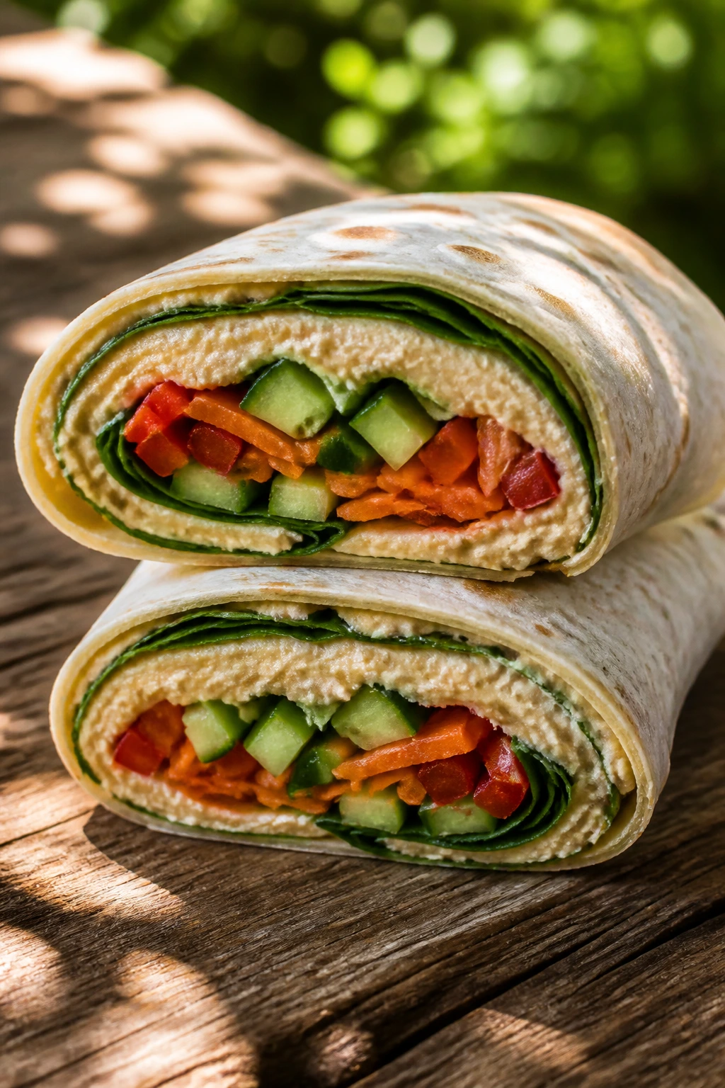 Cross-section of hummus veggie wrap showing cucumber, carrot, pepper and spinach inside a tortilla.
