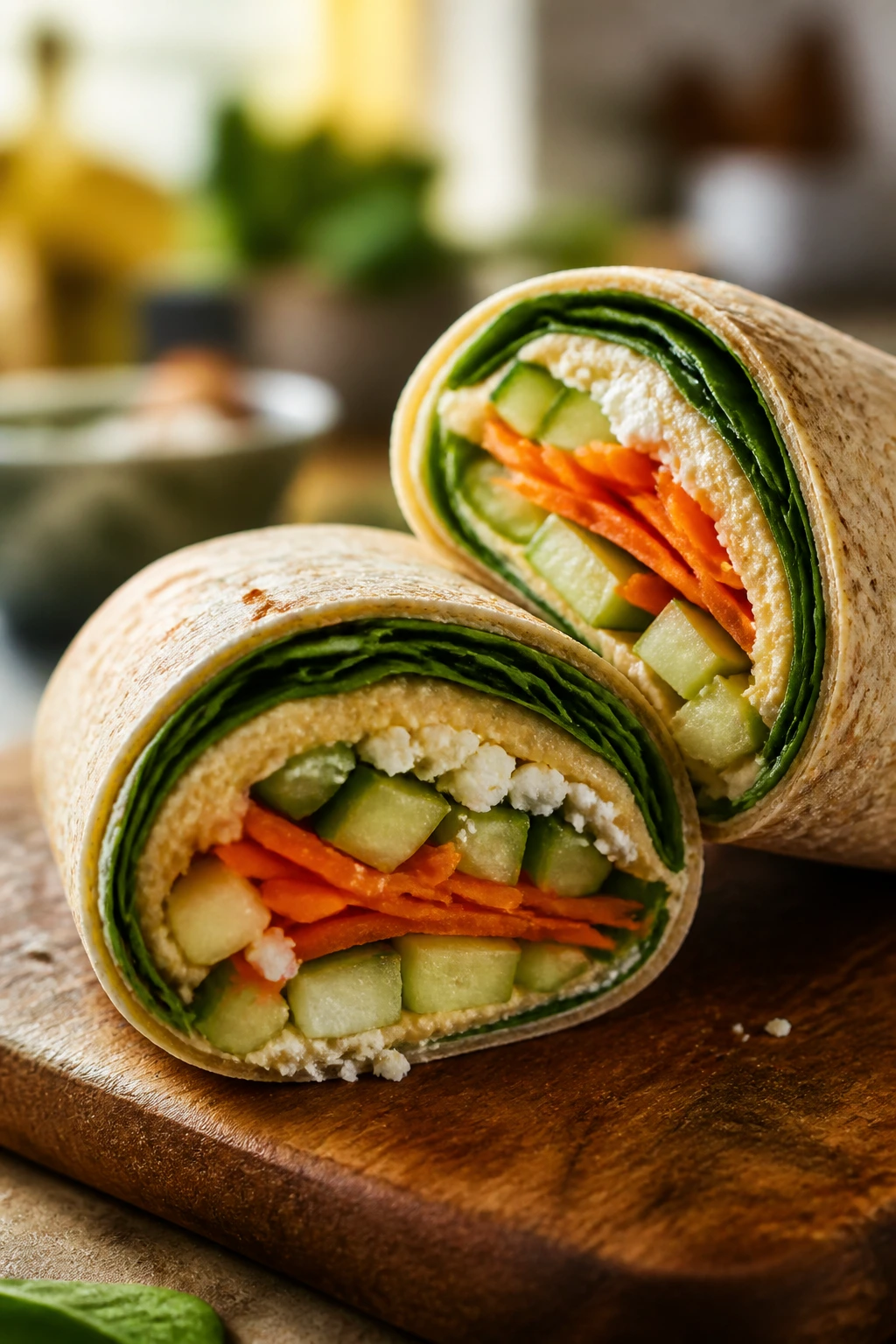 Cross-section of hummus veggie wrap showing creamy center and crisp vegetables