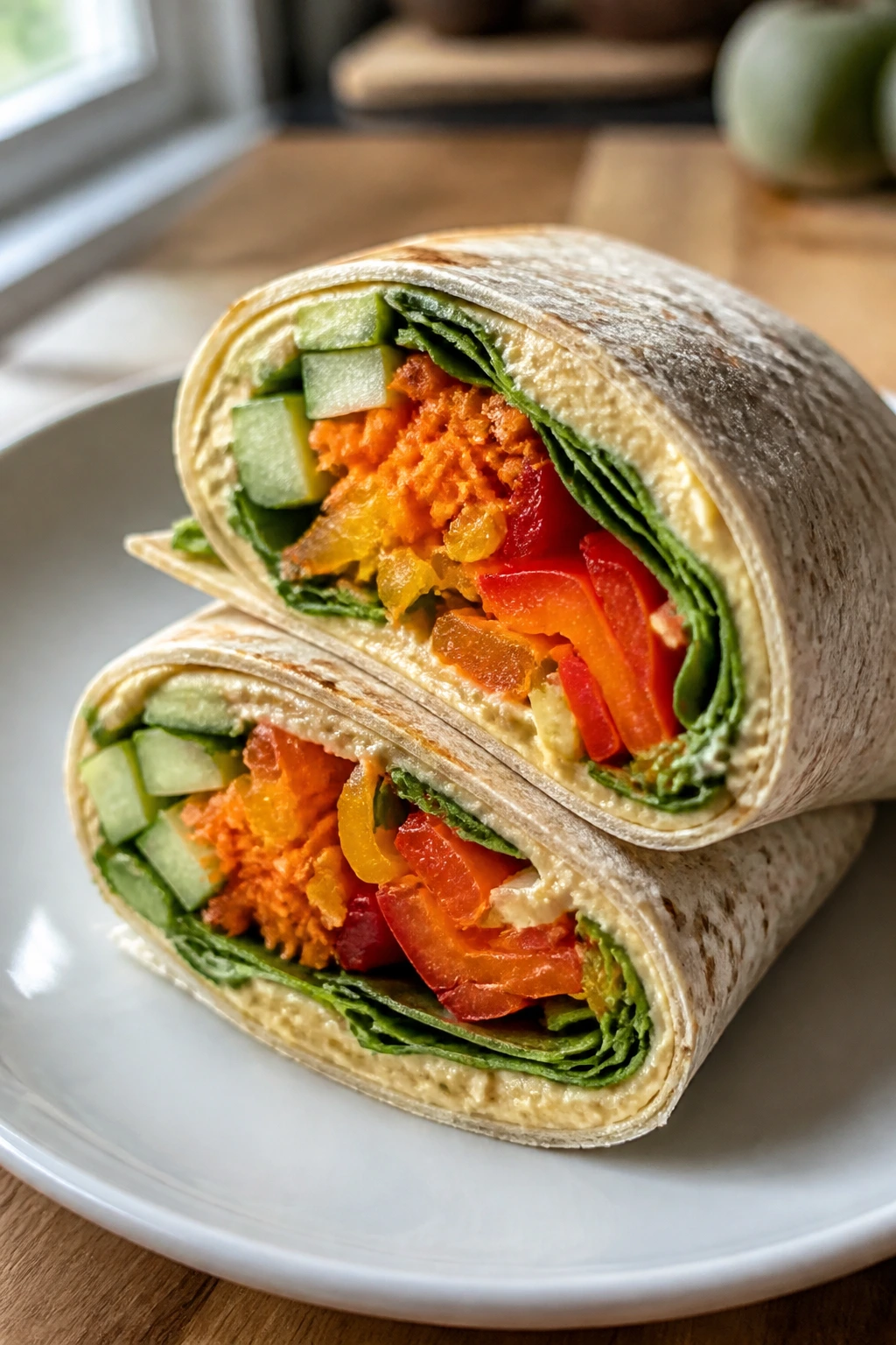 Close-up of Hummus Veggie Wraps sliced to reveal cucumber, carrot, spinach and pepper in a tortilla
