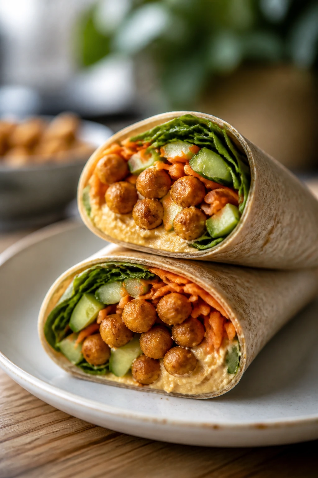 Close-up of a veggie wrap cut in half with hummus and crispy chickpeas