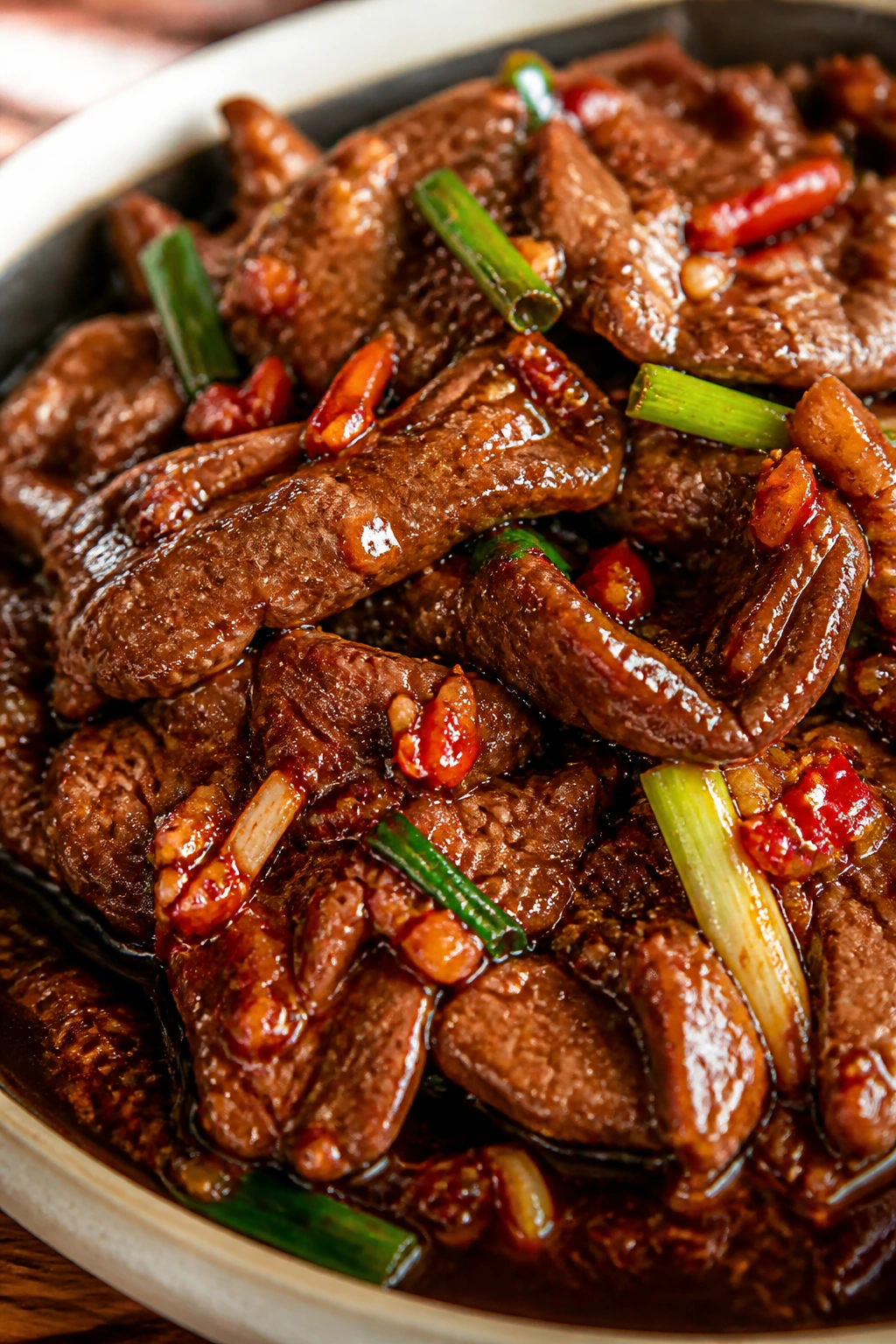 Close-up of hot and savory Hunan beef in glossy sauce