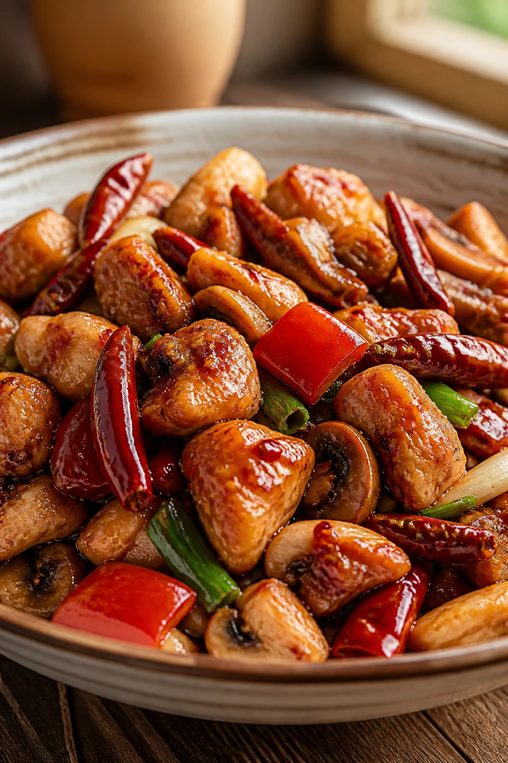 Bright Hunan style chicken with chiles and peppers on plate