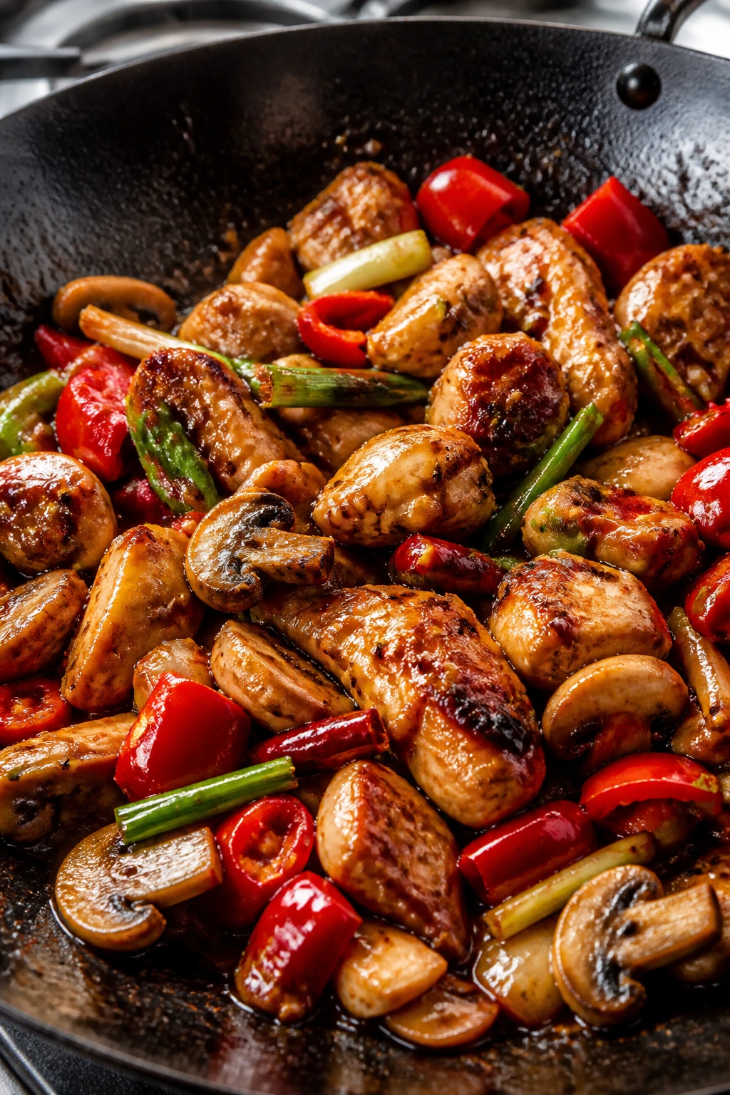 Close-up of Hunan Chicken with peppers and mushrooms in a wok