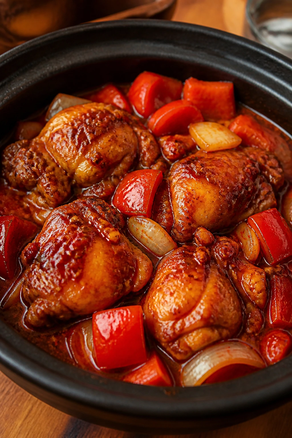 Close-up of spicy Hunan chicken with peppers in red sauce