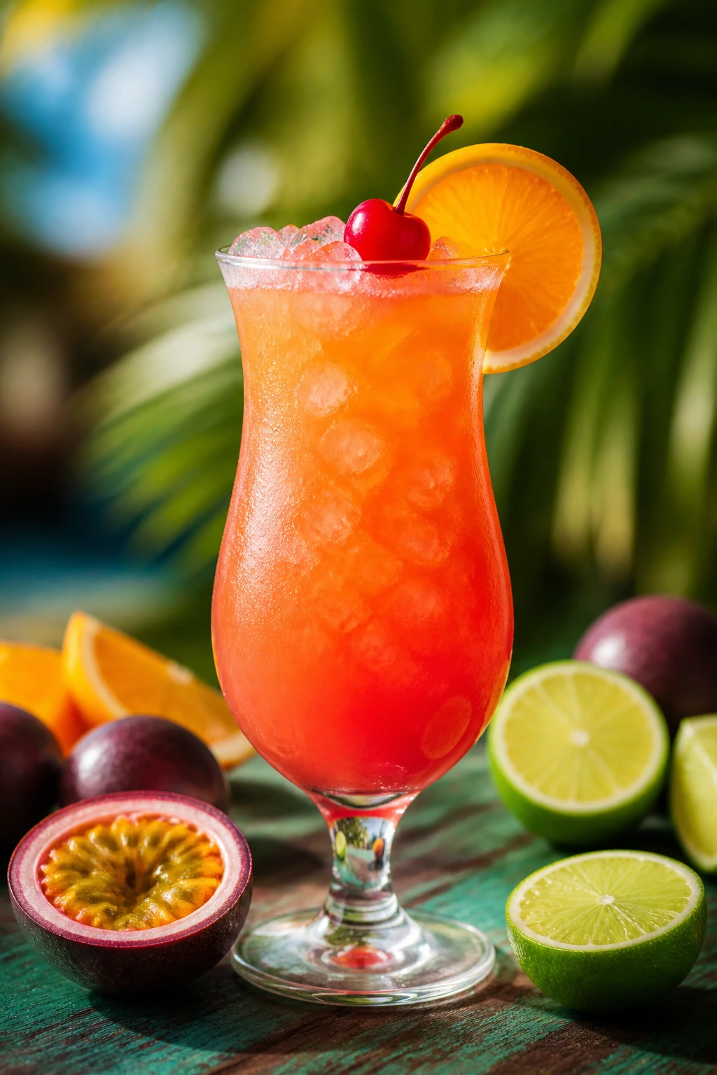 Tropic Hurricane in a hurricane glass on a tropical counter