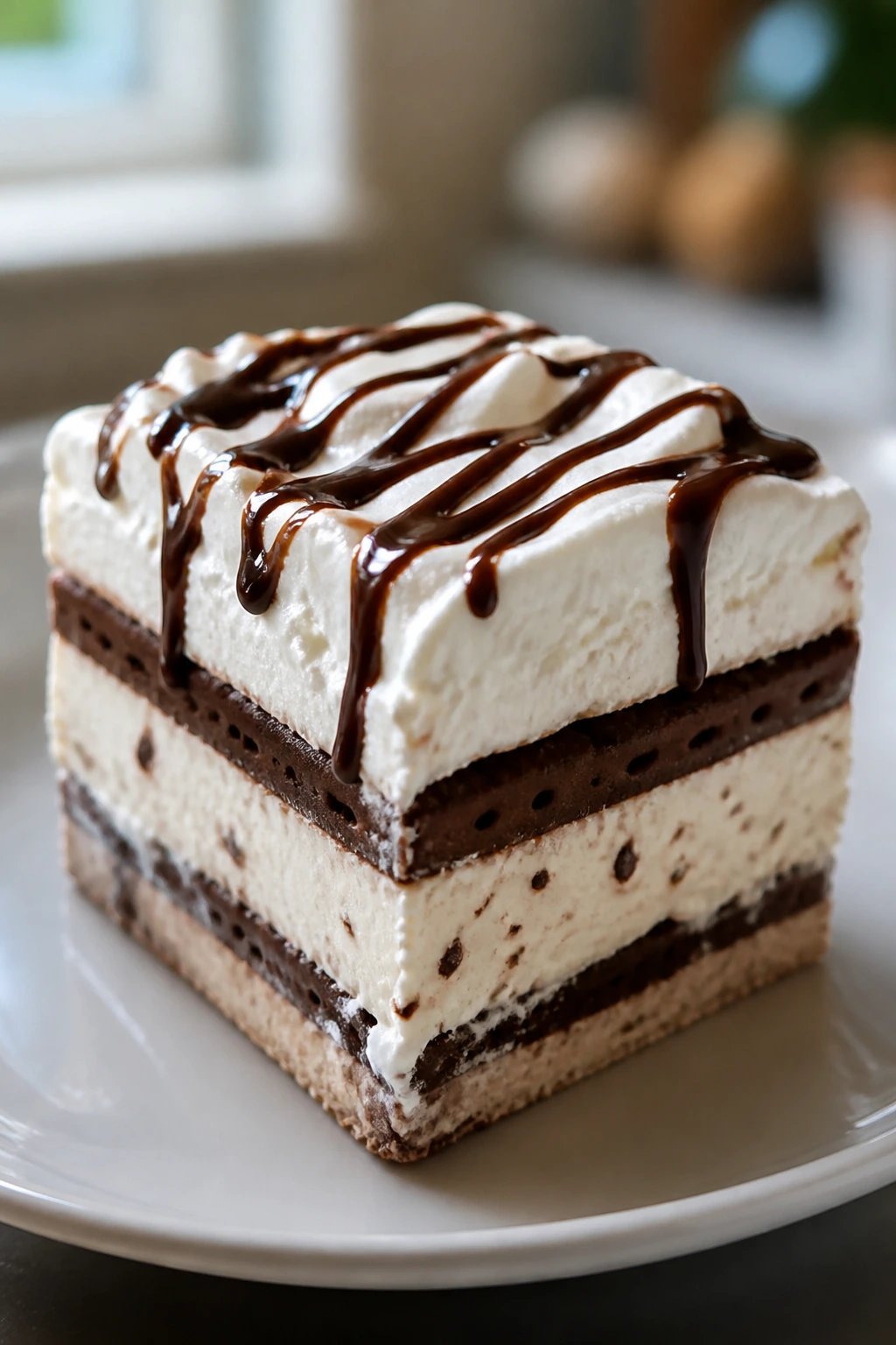 Close-up of an ice cream sandwich cake square with whipped topping and chocolate drizzle