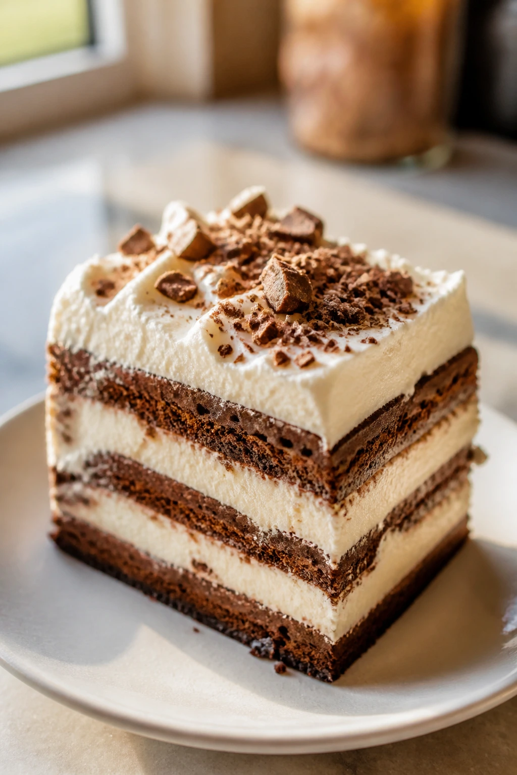 Single neat slice of ice cream sandwich cake on a plate